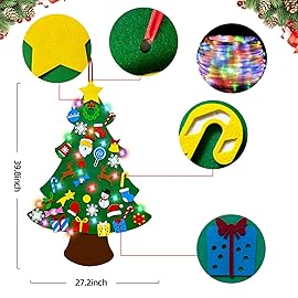 EMPOF Felt Christmas Tree for Toddlers, 3.5ft Felt WallTree Set for Kids Wall with Lights + Snowman Advent Calendar + 6 Face Stickers+ 33 Ornaments, Indoor Christmas Home Decor, Colorful