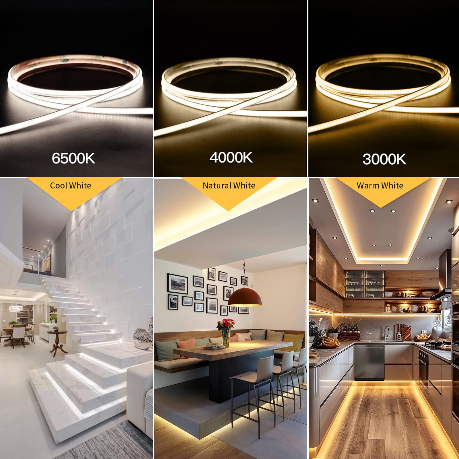 Fosingut COB LED Strip 5m/16.4ft,12V 8mm Cool White Tape Lights for Bedroom,480LED/m CRI90+ Flexible Under Cabinet Kitchen Light for TV,Game Room,Wardrobe,Home DIY Lighting(Only COB Strip Light) - Image 2