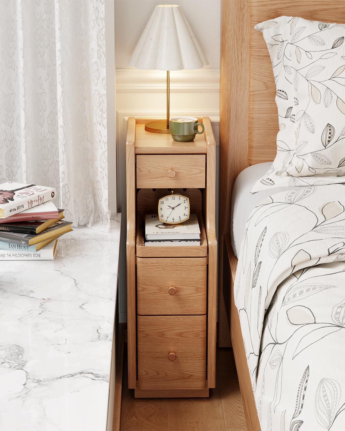 Narrow Nightstand with 3 Drawers,Solid Wood Small Nightstand Natural, Modern Small Bedside Tables for Bedroom(Fully Assembly) Natural?15.75"d X 7.87"w X 23.62"h?