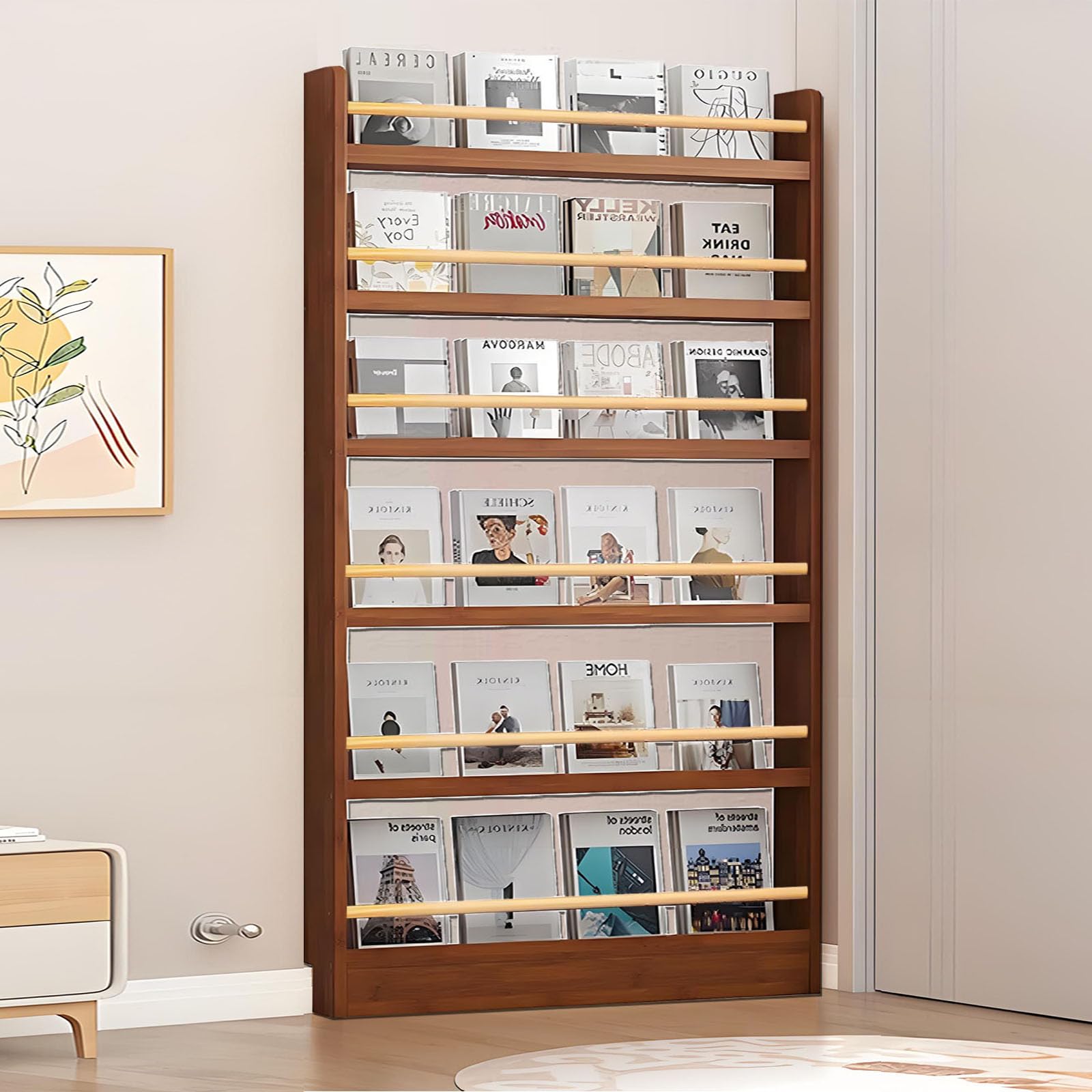 Tazyee Bookshelf, Tall Narrow Book Shelf, Behind Door 3-6 Tier Wall Bookcase for Bedroom, Living Room, Office, Space Saving Organizer for Kids’ Toys and Books Walnut 6-shelf/35.4" x 3.9" x 70.2"