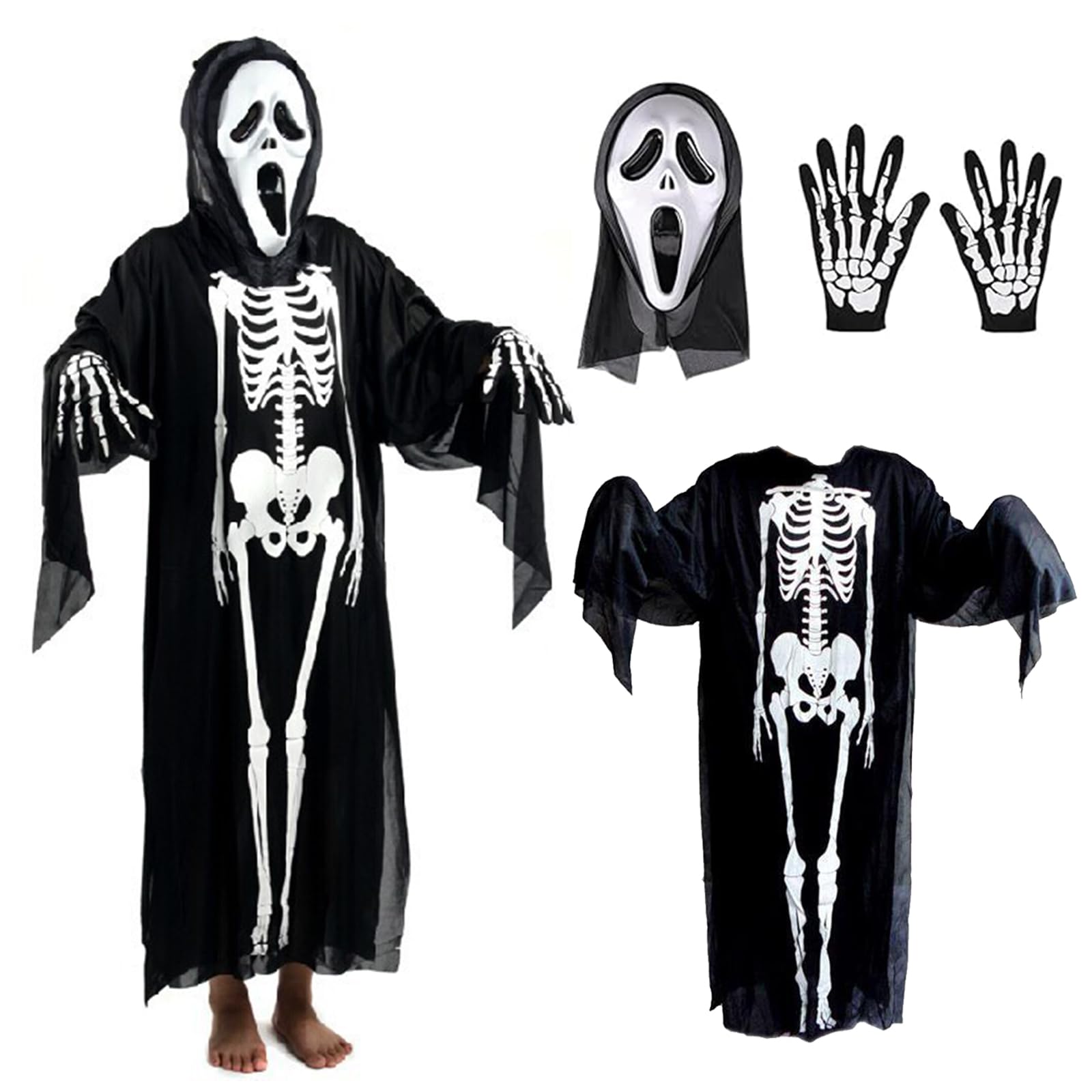 Disfraz De Parca, Disfraz De Halloween, Máscara De Calavera, Capa De Muerte Para Adultos Para Halloween Cosplay Carnaval, Incluye Bataguadaña De La Muertemáscara Y Guantes