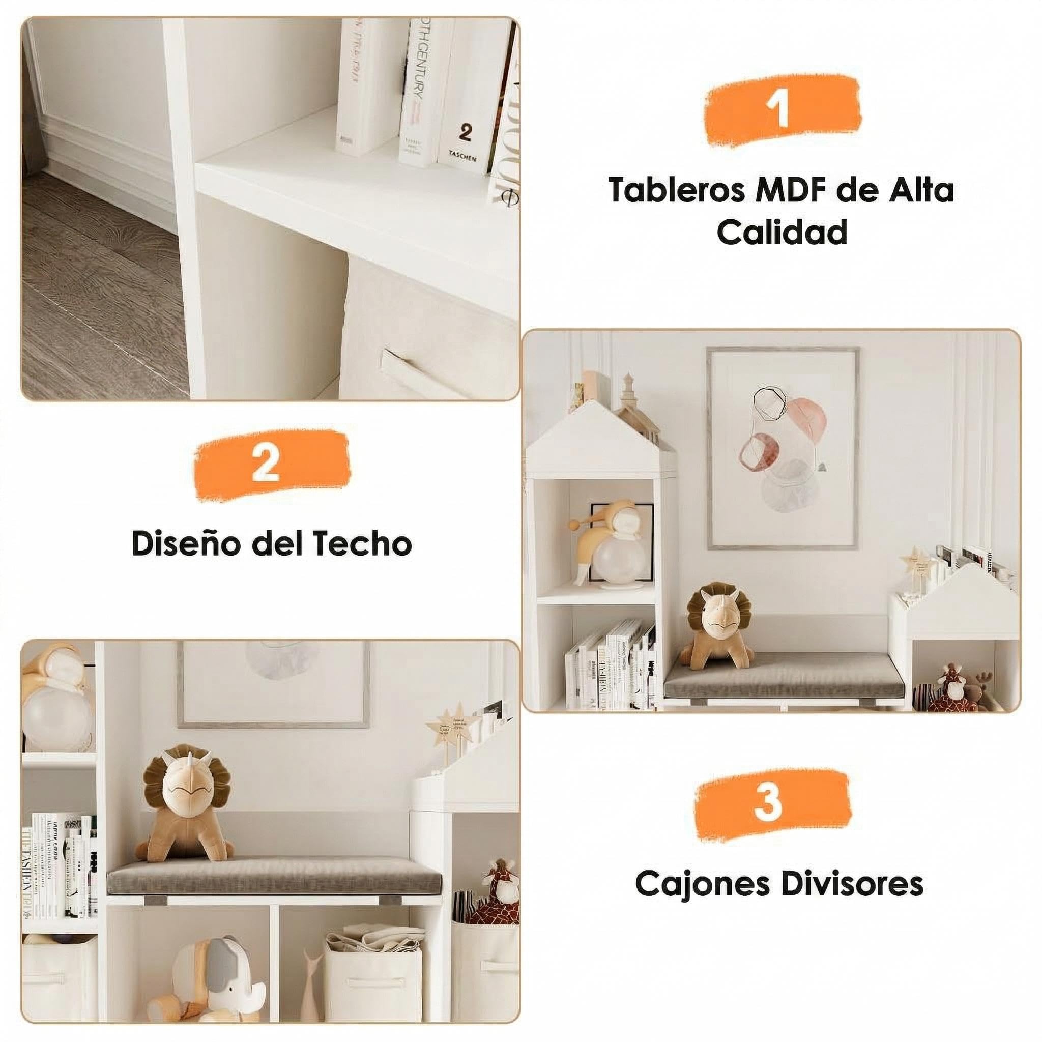Garvee Estantería Niños Grande con Asiento - 121 * 30 * 108CM - Librería Infantil de Madera - Compartimentos Clasificables Multifunción - Estanteria Infantil Gran Capacidad - Color Blanco