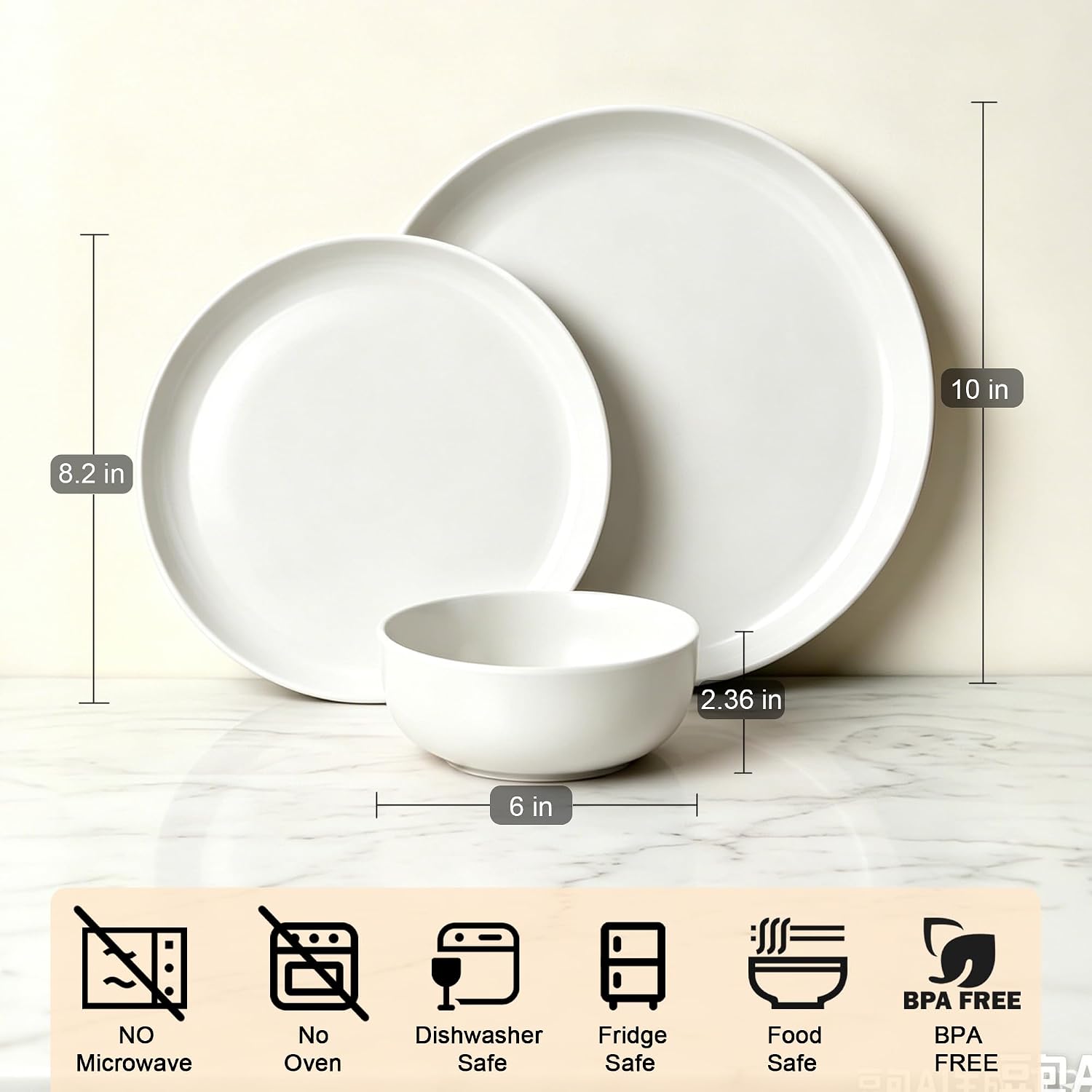 Melamine Dinnerware Sets, 12Pcs Plates and Bowls Set, White