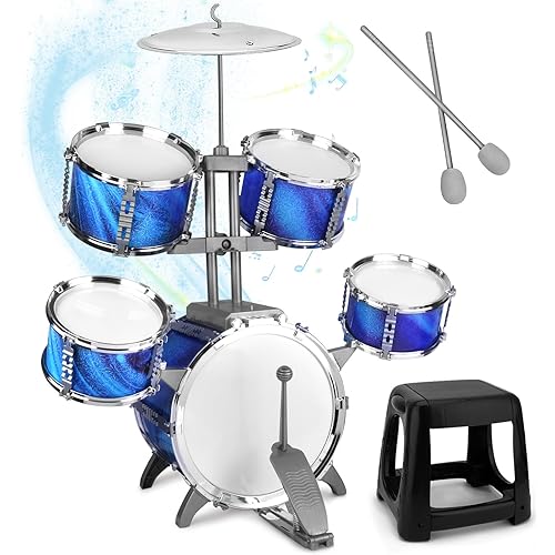 Kids Drum Set for Toddlers Musical Jazz Drum with Stool Toys for 3-5 4-6 5-7 Boys Girls Birthday, Blue