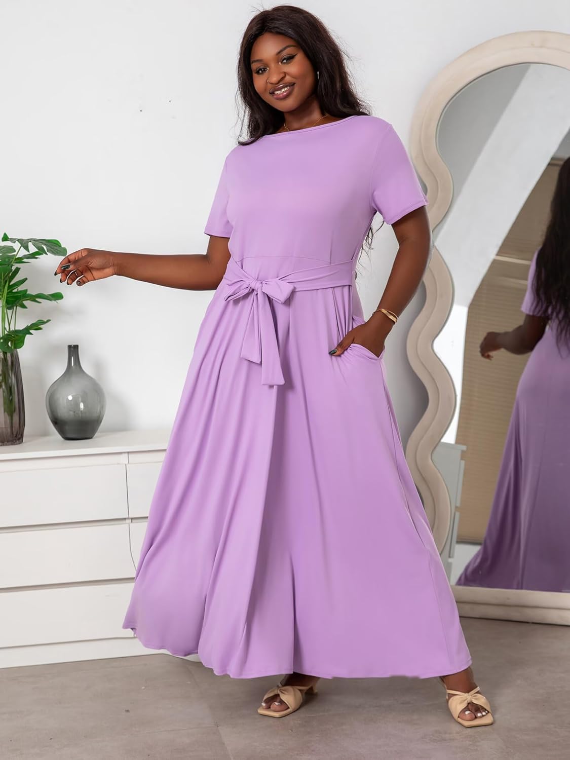 Plus Size Dresses for Curvy Women Soft Comfy Stretchy Short Sleeve High Waist Self Tie Flowy Pleated Maxi Dress - Image 6