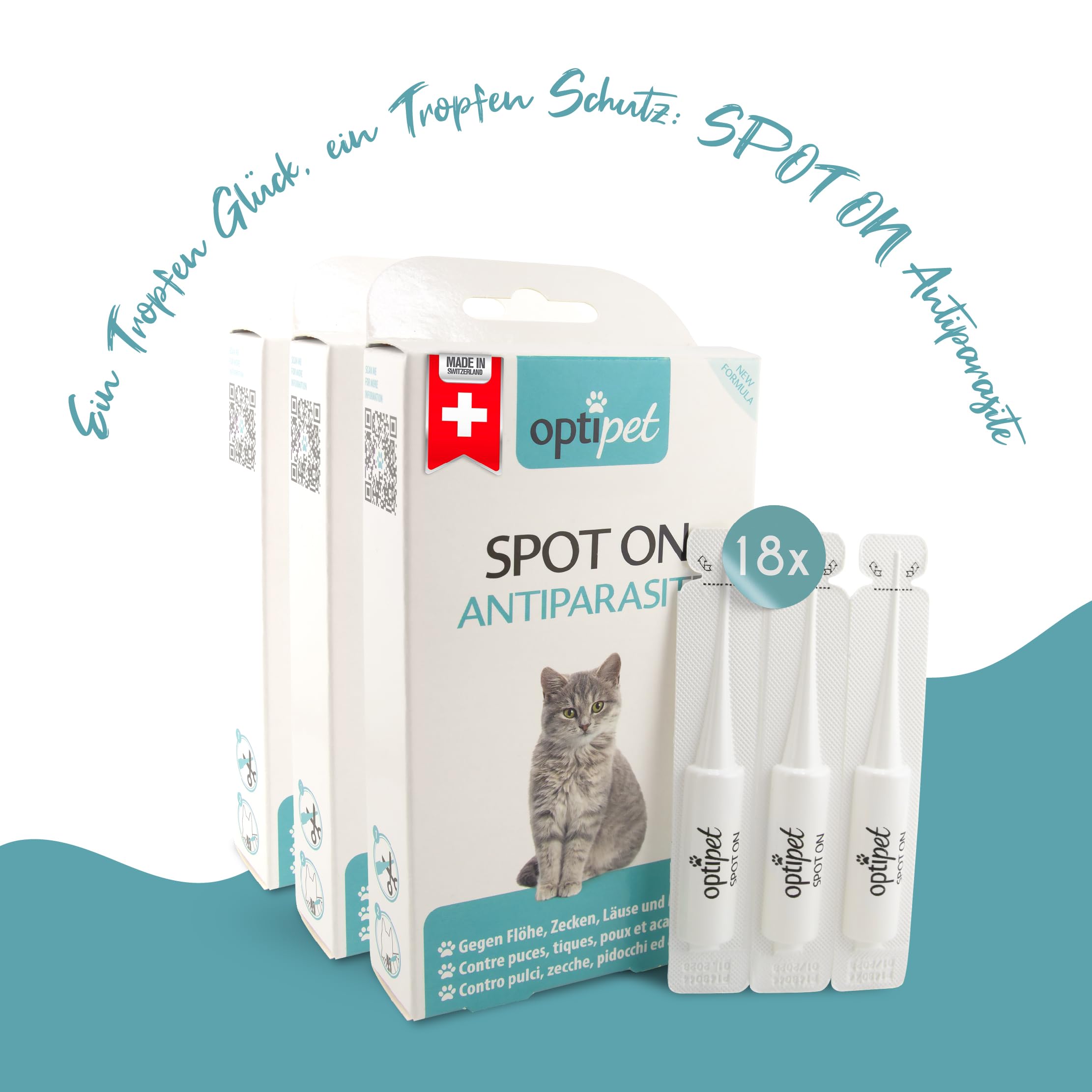 OptiPet Spot On 18x1ml Pipetten für Katzen, Hochwirksam bis zu 72 Wochen gegen Milben, Flöhen, Zecken, Läusen