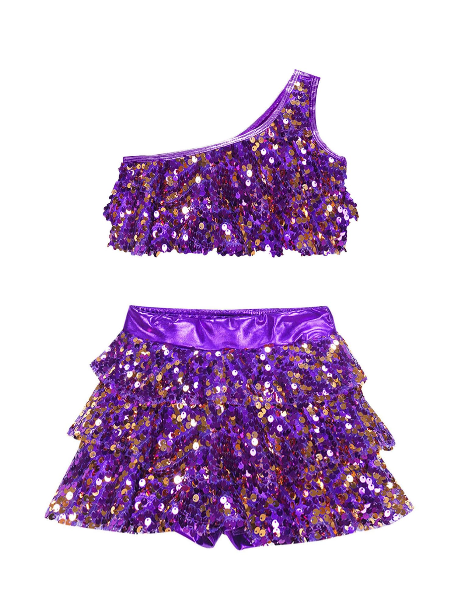 Aislor Traje De Actuación De Baile para Niñas Lentejuelas Top Corto De Un Hombro + Falda Pantalones Cortos con Cintura Elástica Disfraz Baile Salsa Tango Latino