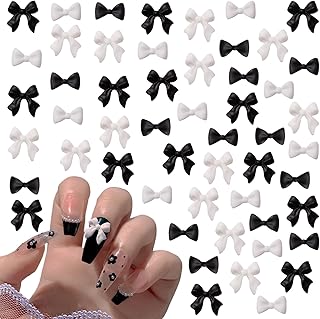 ネイルパーツ リボン 約200個入り 3D 立体 蝶結び パーツ ブラック ホワイト ジュエリーパーツ ネイルアート ジェルネイル レジン デコパーツ ハンドメイド DIY (黒 + 白 E)