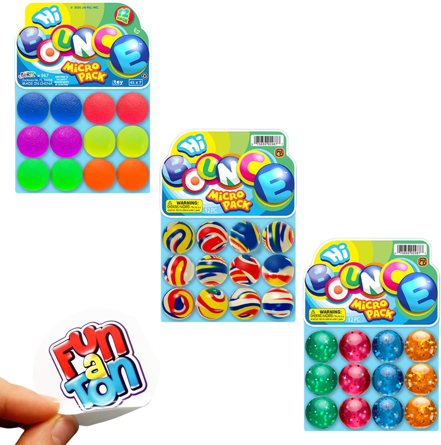 2CHILL Bouncy Balls Superballs Super Hi Bounce (Each Pack 12 Balls) 3 Styles Small Toys Party Favors for Kids Racketball Kids Prize by Ja-Ru Premium Giveaways Gift Toy Includes 1 Sticker #967
