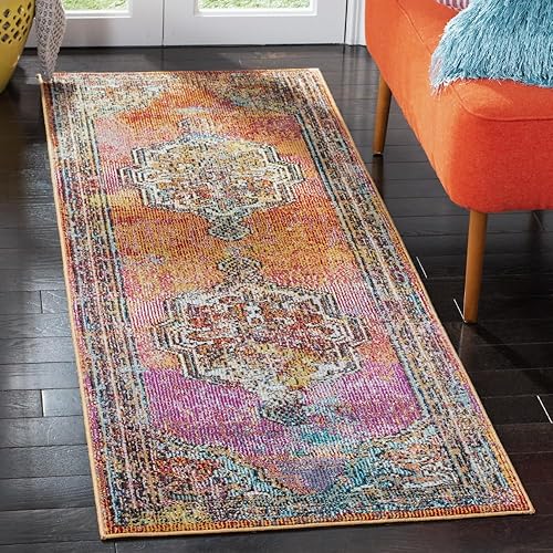 SAFAVIEH Crystal Collection - Alfombra de pasillo de 2 pies 2 pulgadas x 7 pies, diseño naranja y azul claro, medallón envejecido, no desprende