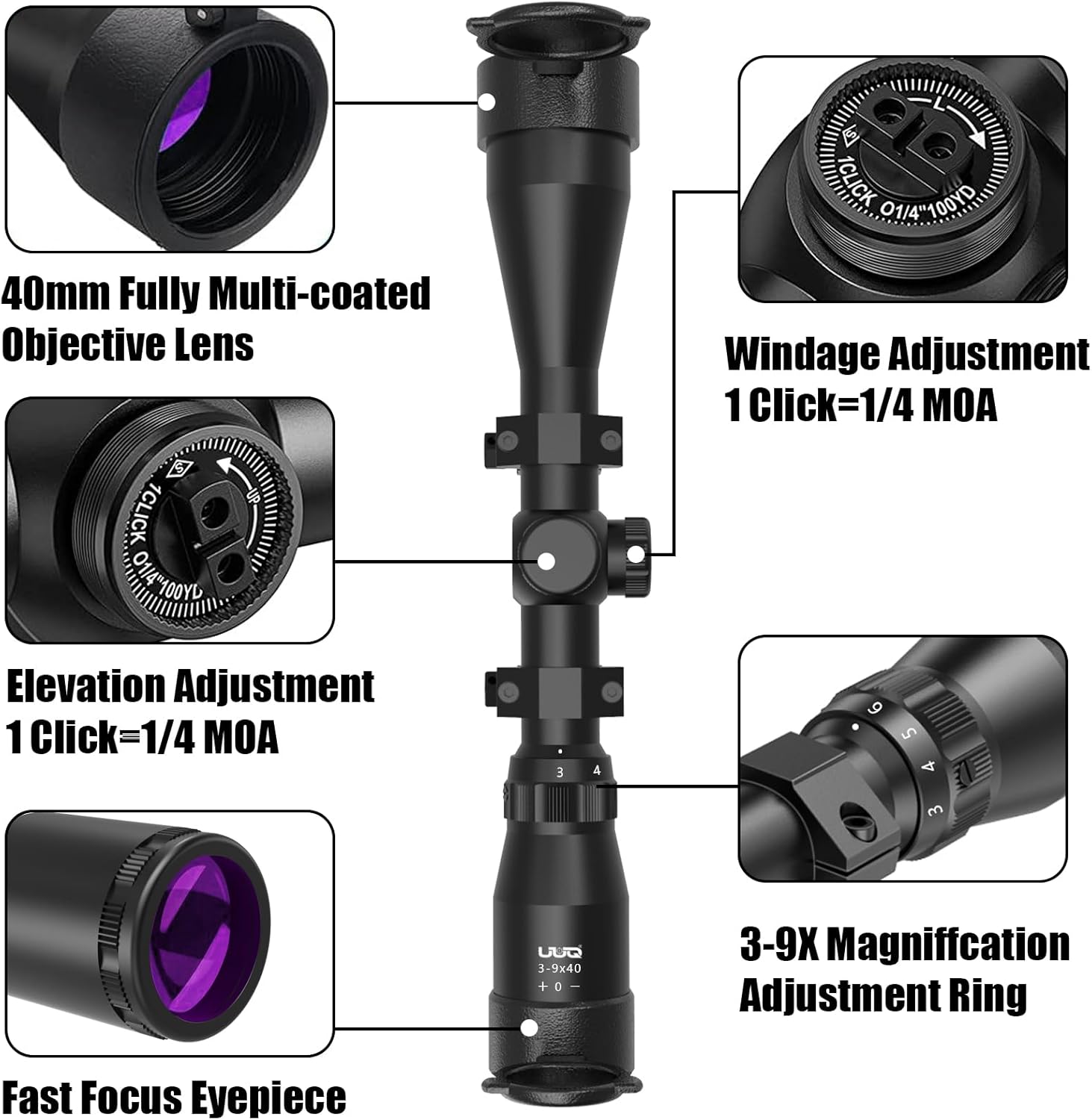 UUQ 3-9×40 Rifle Scope with Red/Green Illumination and Rangefinder Reticle-Fits 20mm Free Mounts,Waterproof and Fog-Proof