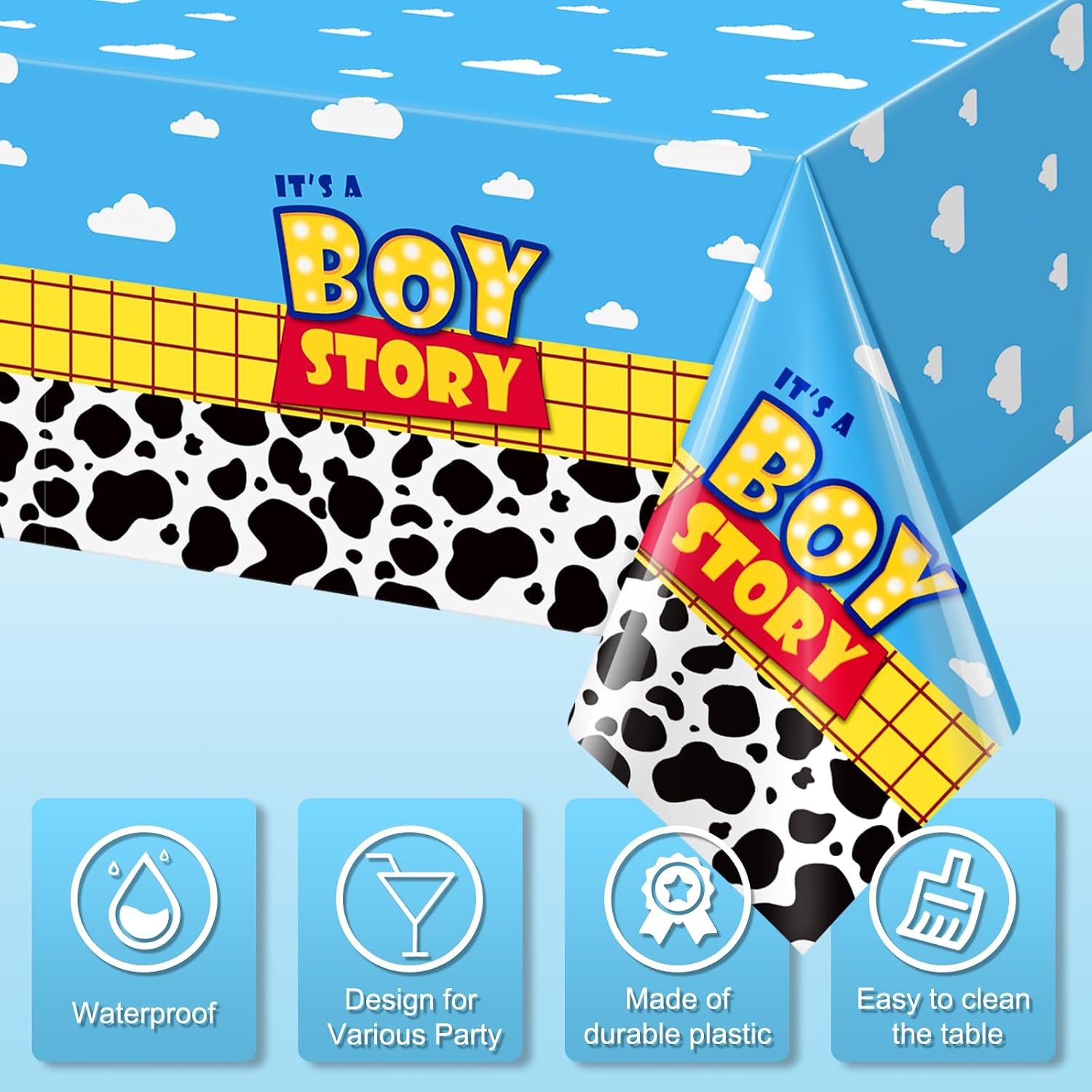 3 Pack Boy Story Baby Shower Plastic Tablecloth, It’s A Boy Cow Pattern Printed Table Cover, Blue Sky and White Cloud Tablecloth for Baby Shower Birthday Party Supplies Decorations, 54 x 108 Inch