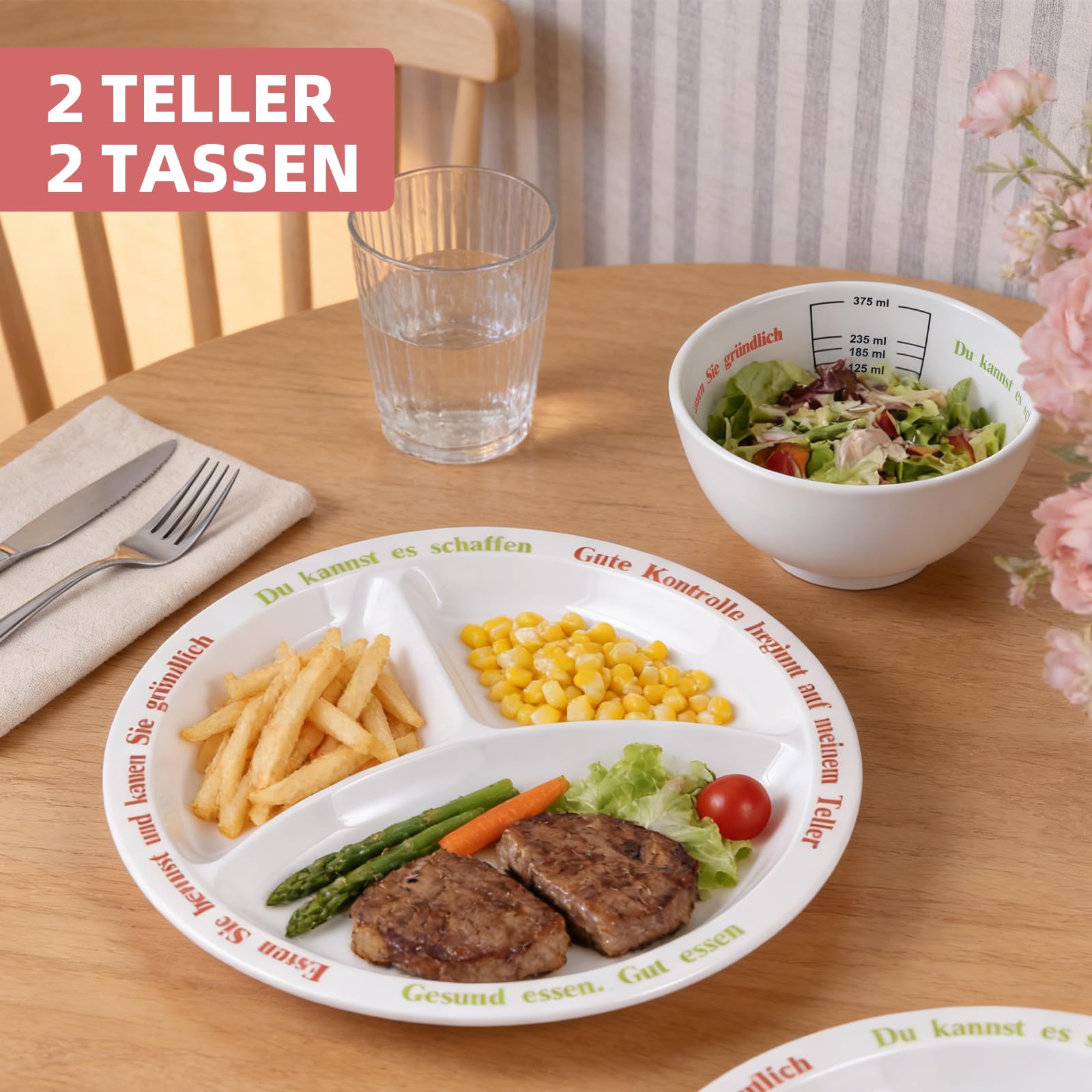 4 Set Portionskontrollteller für ausgewogene Ernährung Teller mit gesunder Ernährung für Erwachsene und Jugendliche Melamin-Unterteilungen, Gewichtsverlust(2 Teller + 2 Schüsseln)