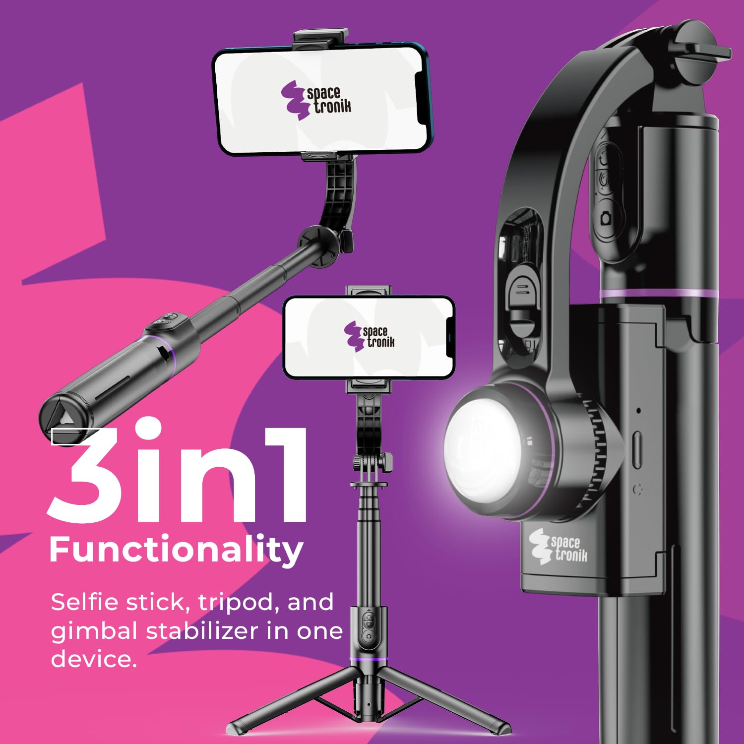 Spacetronik Bastone Selfie Treppiede, 4 in 1 Selfie Stick con Stabilizzatore Gimbal, Luce LED Regolabile e Telecomando Bluetooth, Supporto Rotante a 360°, Portatile e Universale per iPhone, Android