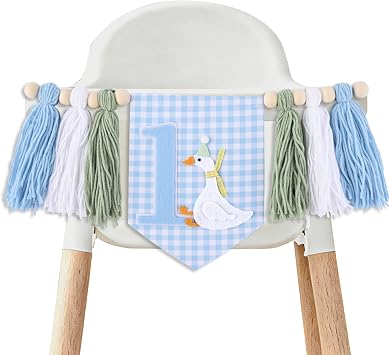 OneSilly Goose High Chair Banner for Boys 1st Birthday Decorations, Blue Funny Goose Stripe-Style Garland with Yarn Tassel, Silly Goose Party Felt Banners for first Birthday Decorations, Baby Shower