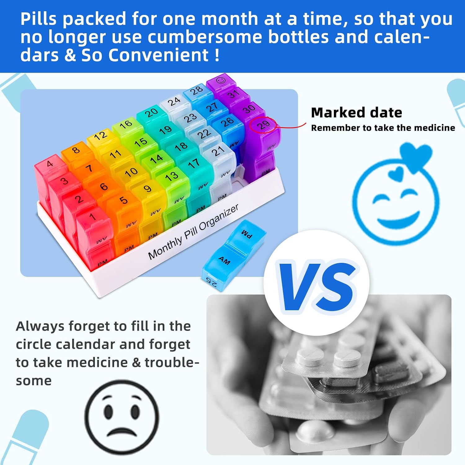 Monthly Pill Organizer 2 Times a Day,30 Day One Month Pill Box AM PM,31 Day Pill Case Small Compartments to Hold Vitamins,Travel Medicine Organizer,31 Day Pill Organizer Twice a Day