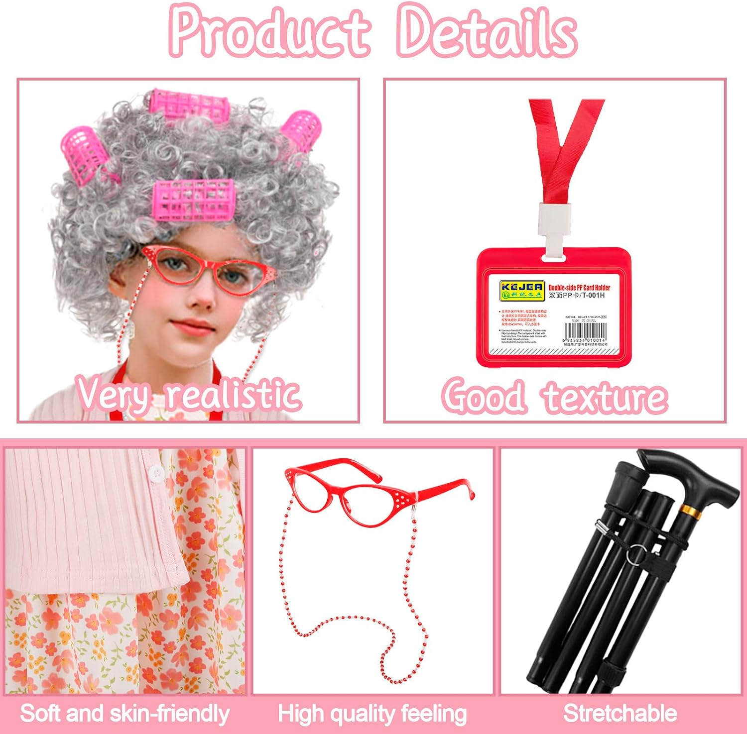 Kitimi Kid 100th Day of School Costume, Old Lady Costume for Girls, 100 Days of School Costume Grandma Granny Wig Accessories