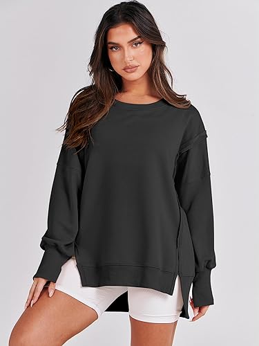 Miniatura 2 de ANRABESS Sudaderas de gran tamaño para mujer, con cuello redondo, manga larga, casuales y holgadas, con aberturas, ropa de otoño 2025, para