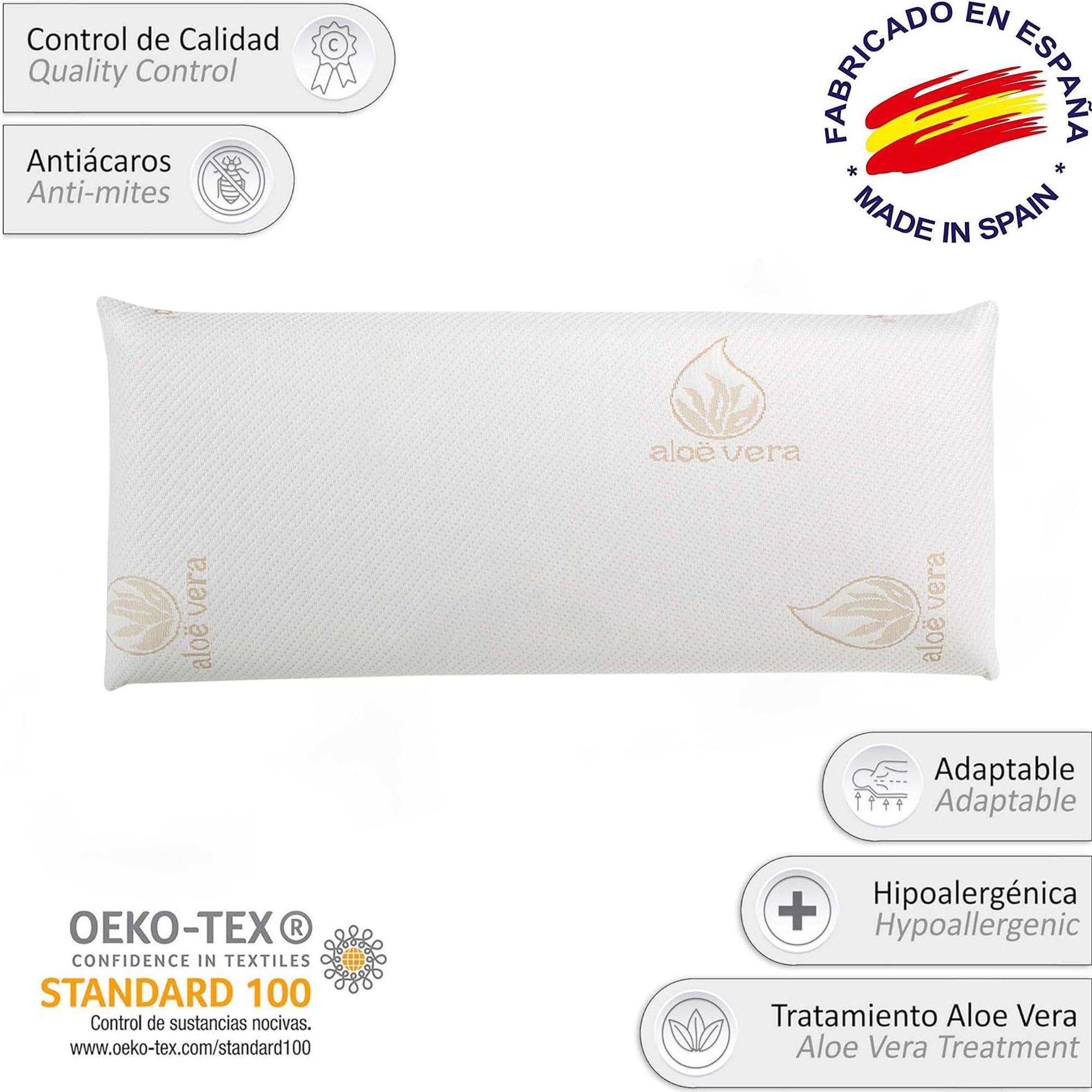 various Almohada Viscoelástica 100% Núcleo Viscoelástico, Funda de Aloe Vera, Anticácaros Antibacterias, Termorregulable y Ergonómica, Libera Presión Cervical, Fabricada en España Visco 150cm