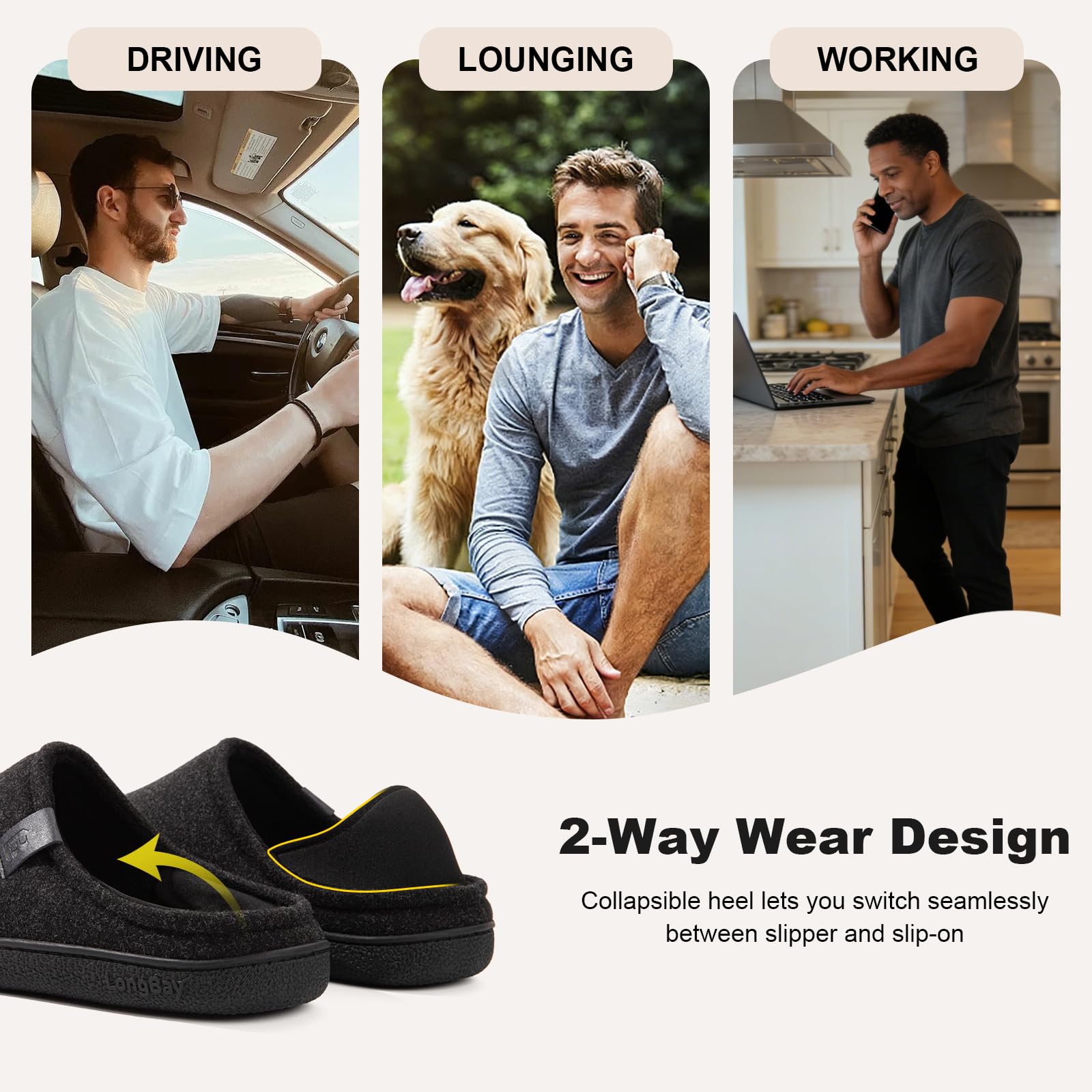 LongBay Mens Slippers with Removable Supportive Insole Slip on Casual House Shoes for Indoor Outdoor Bedroom Garden — view 6