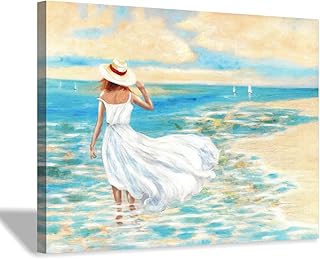 Abstract Beach Picture Wall Art: Girl & Ocean Artwork Seascape Painting on Canvas for Bathroom (16” x 12” x 1 Panel)