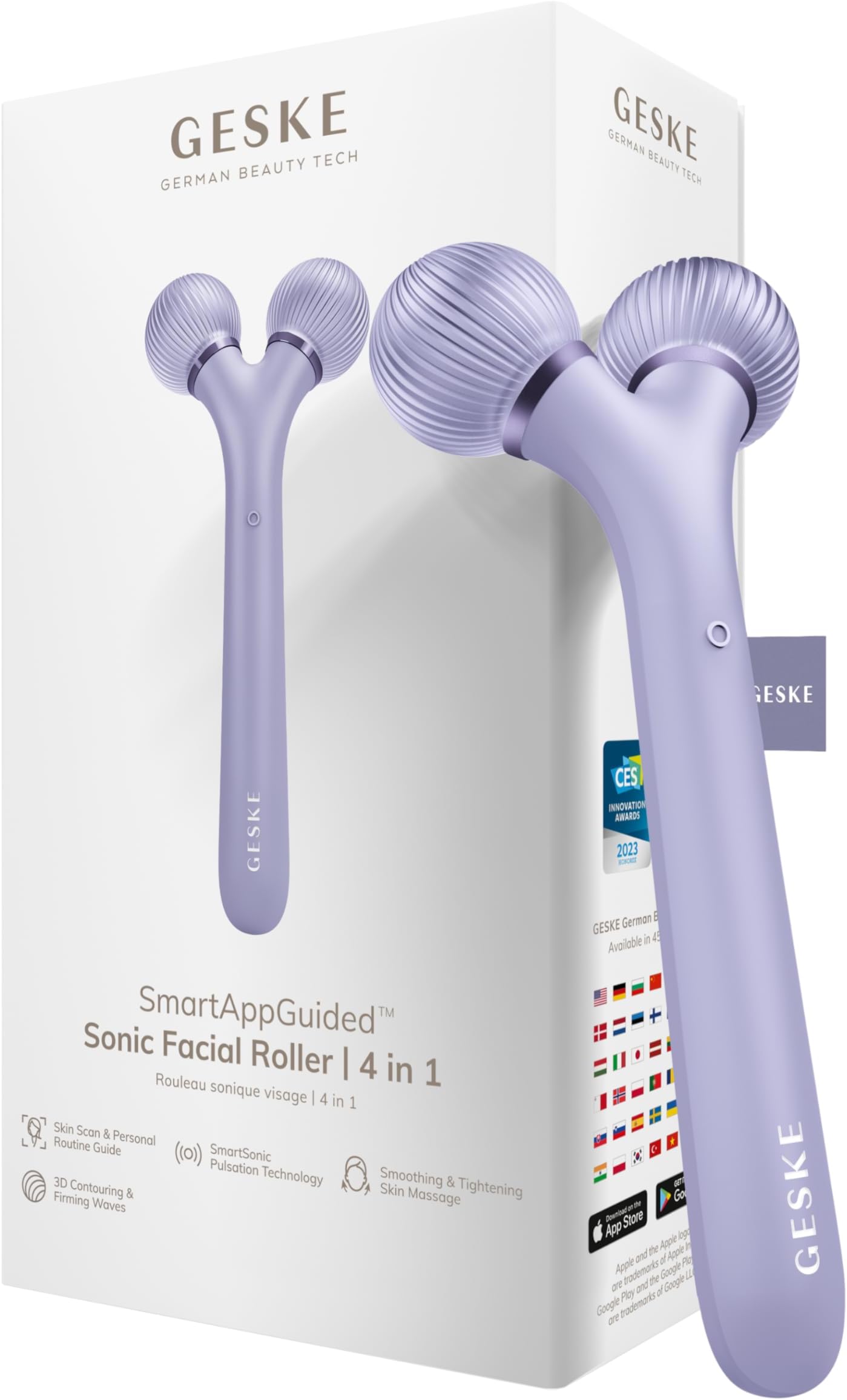 GESKE SmartAppGuided™ Sonic Facial Roller | 4 in 1 | Facial Dermasmooth Stimulator | Derma Roll | Professional Facial Roller | Derma Roller for Skincare and Beauty Routine | Smooth Skin