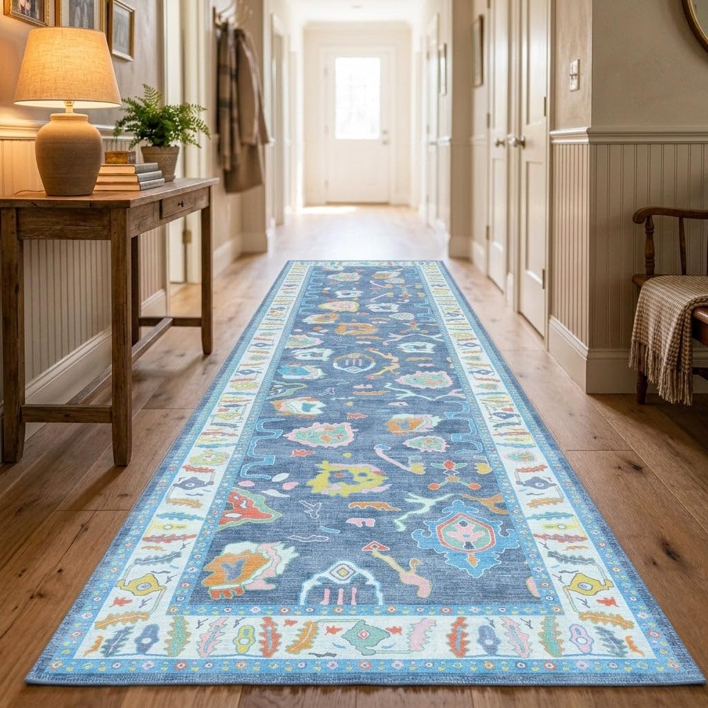 Fame Rugs Blue Modern Oushak Rug 2'6"x7', Washable Vintage Turkish Colorful Oriental Antique Inspired Foldable Small Runner Rugs, Luxury Living Room Bedroom (387BNB, 2'6" x 7')