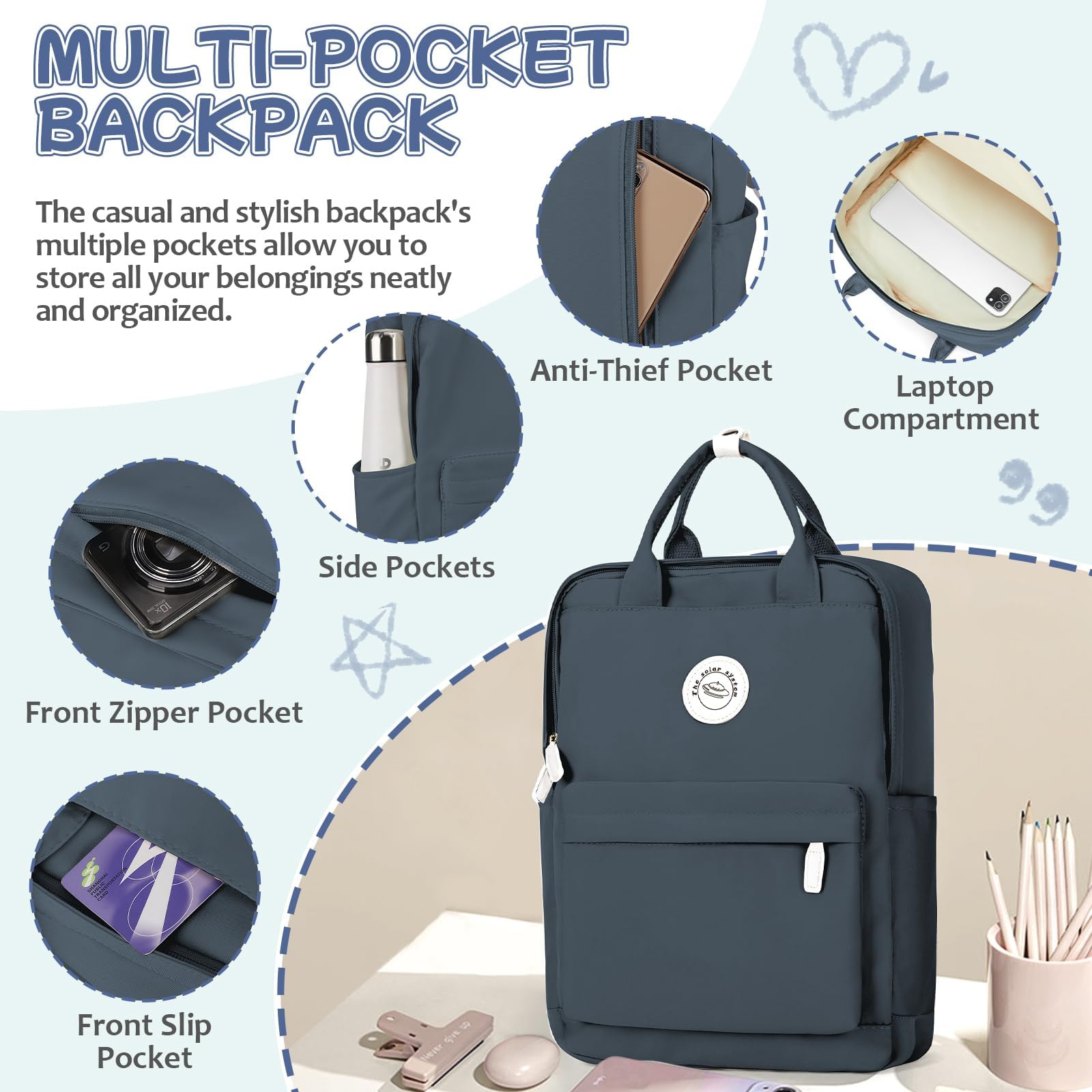 HYC00 Zaino Donna Scuola,Zaino Donna Casual Zaino Scuola Superiore Ragazza Zaino Università Zainetto Cartella, Impermeabile Zaino Porta PC 14 Pollici Zaino per Scuola Media Ragazza Ragazzi Backpack