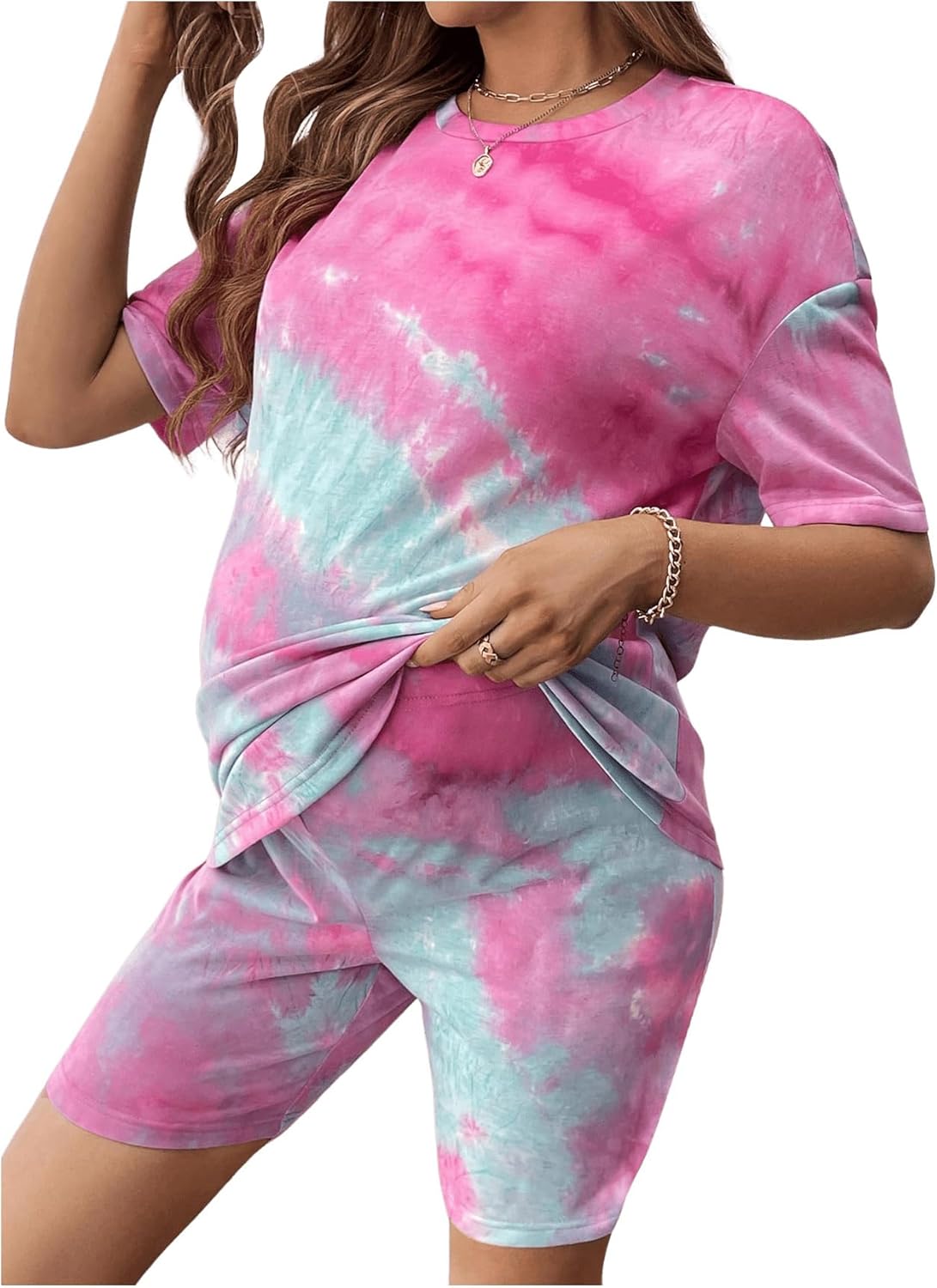MakeMeChic Women's Maternity 2 Piece Outfit Tie Dye Pajamas Set Short Sleeve Tee Shirt and Biker Shorts Pregnancy Lounge Set