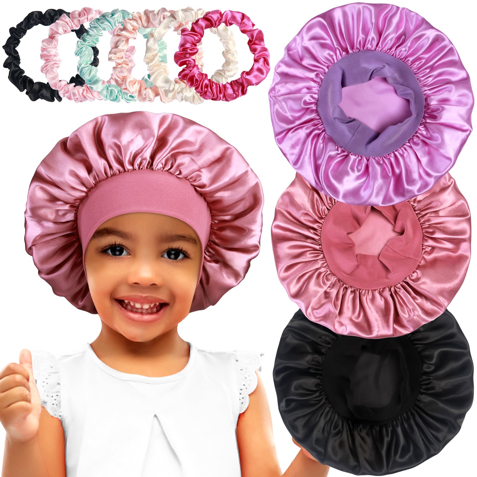 Heniho 3pcs Satin Bonnets for Kids Sleeping, Cute Hair Bonnet with Scrunchies for Girls Curly Hair, C