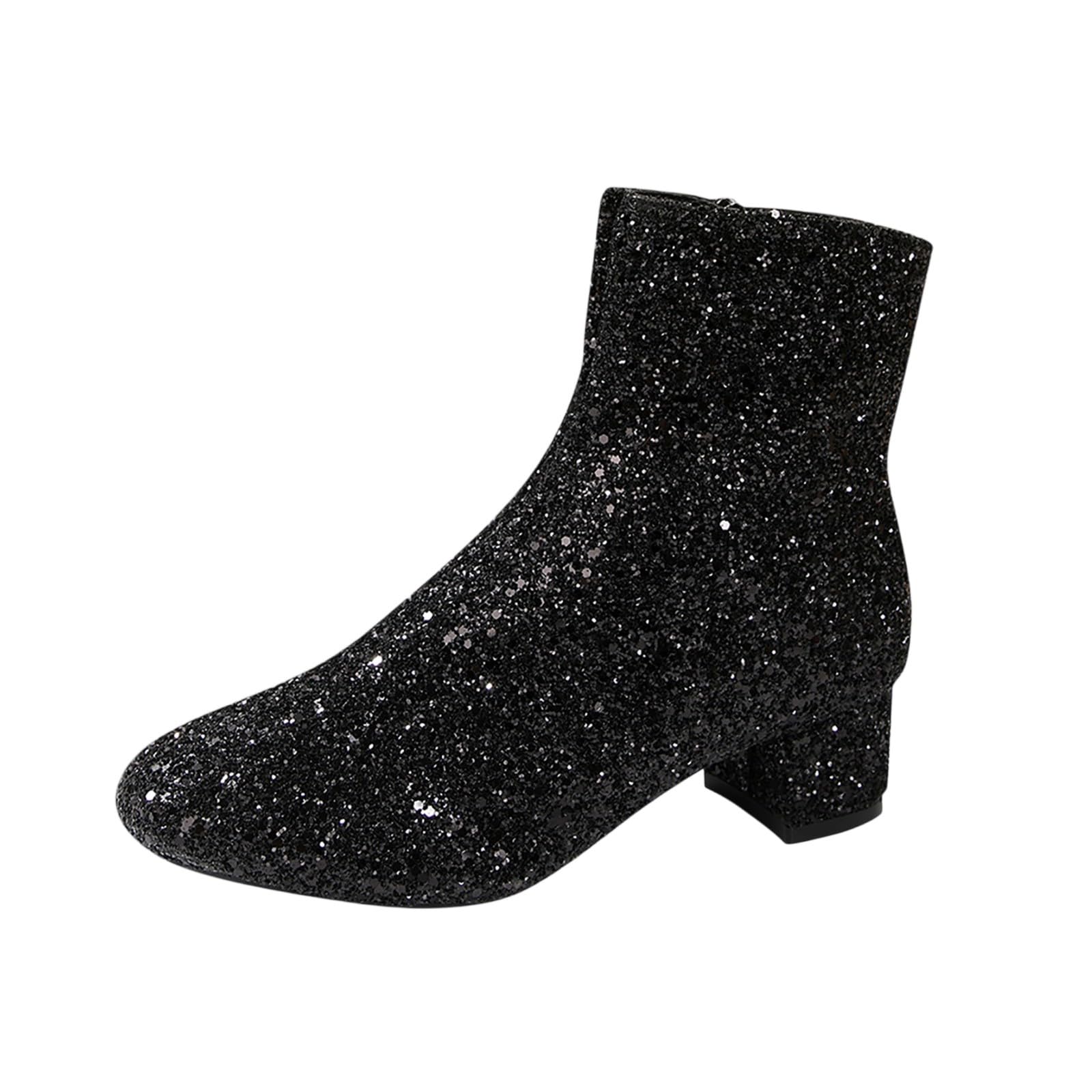 Womens Sparkly Glitter Boots Chunky Heels Ankle Booties Side Zipper Block Heeled Short Boot Wedding Bridal Party Dress