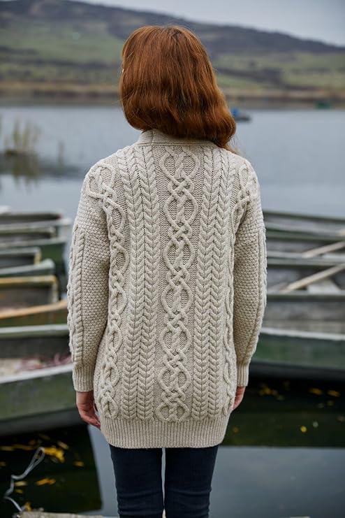 SAOL 100% Merino Wool Cable Knit Button Cardigan Long Sleeve with Pockets for Ladies