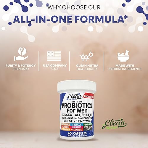 Miniatura 7 de Clean Nutra Probióticos para hombres  Tongkat Ali, Saw Palmetto, Tribulus, Ginseng, Ashwagandha, Maca, calabaza, Gingko Biloba, corteza de pino,