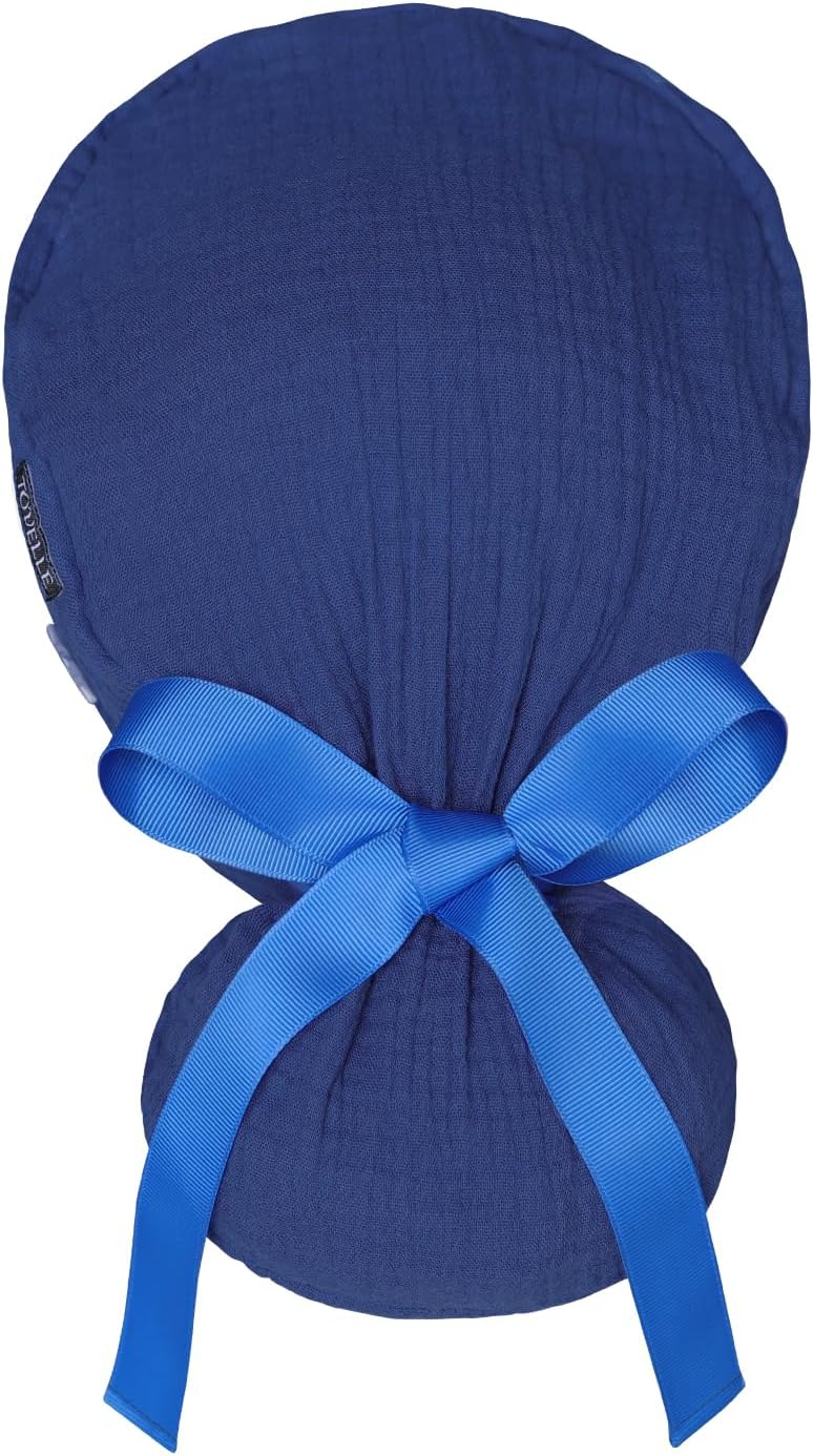 Ponytail Scrub Cap for Women – Solid Navy Blue Surgical Cap with Buttons, Cotton Ponytail Scrub Caps, Adjustable Surgical Hat for Women to Secure Long Hair - Image 5