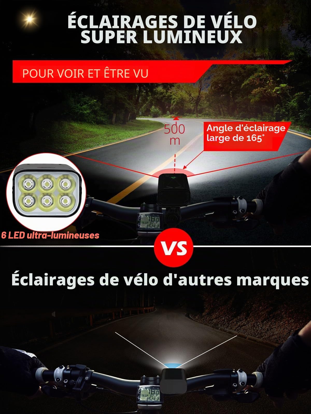 Phares de vélo avant et arrière de 9500 lumens pour conduite de nuit, 10 000 mAh rechargeable par USB, 6 LED, 5 + 5 modes, phare et feu arrière pour vélo - Durée de vie de plus de 60 heures,