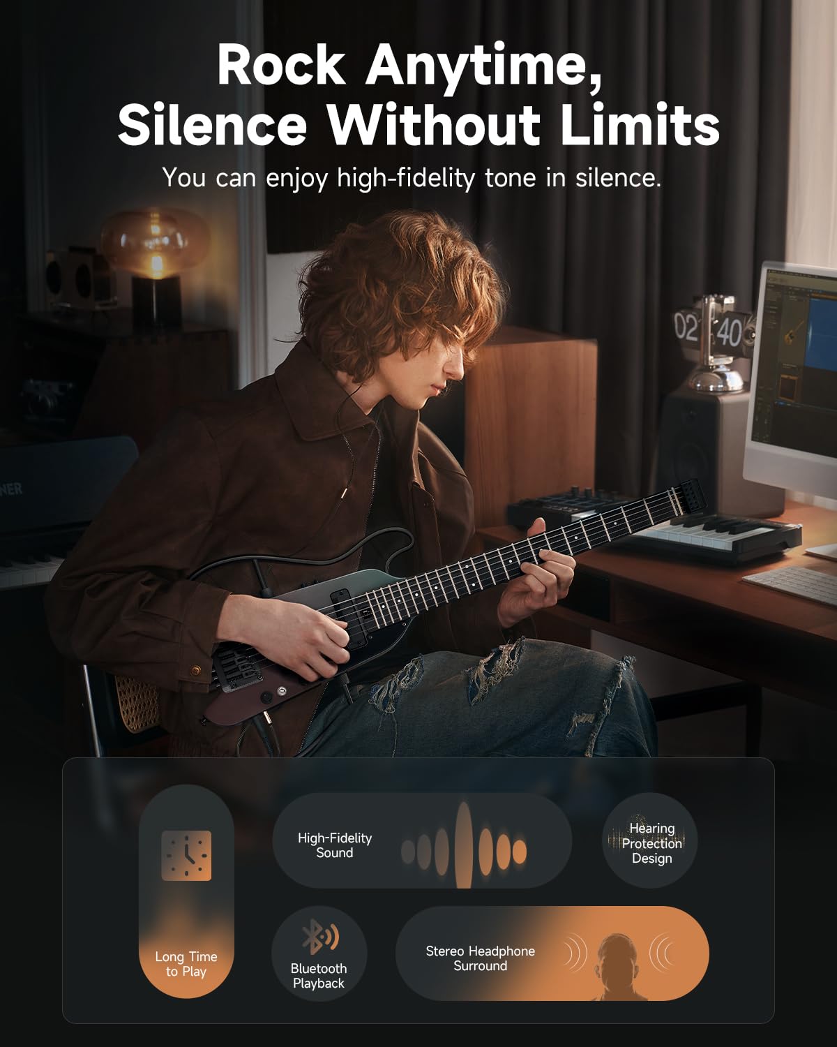 Donner HUSH X PRO E-Gitarren-Kit – Intelligente Reisegitarre mit Dutzenden voreingestellter Kombinationen, 7 Tone Sim Optionen, Midnight Glow