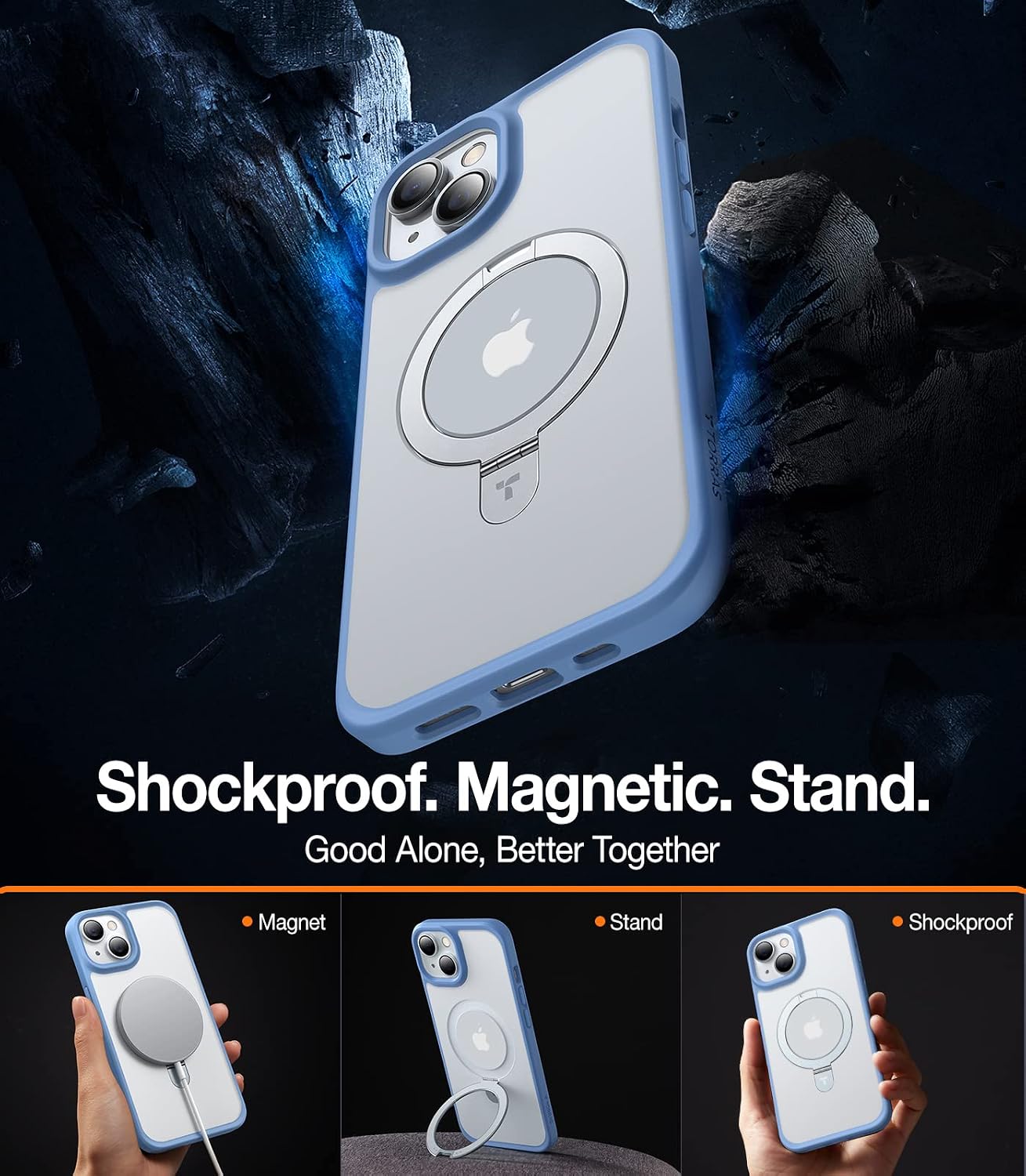 TORRAS Magnetic Shockproof for iPhone 13 Case/iPhone 14 Case, [Exceed 3X Mil-Grade Drop Protection][Compatible with MagSafe] Built-in Foldable Stand Slim Yet Protective Phone Cover, Translucent Blue