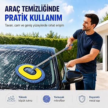 SOGUD Viscomop Oto Yıkama Mopu - 3 Parçalı Metal Saplı Mikrofiber Araç Temizleme Aparatı, Şönil Mop Başlıklı Araba Yıkama Fırçası, Çizmez Boya Dostu Oto Bakım Seti | Yıkama Seti