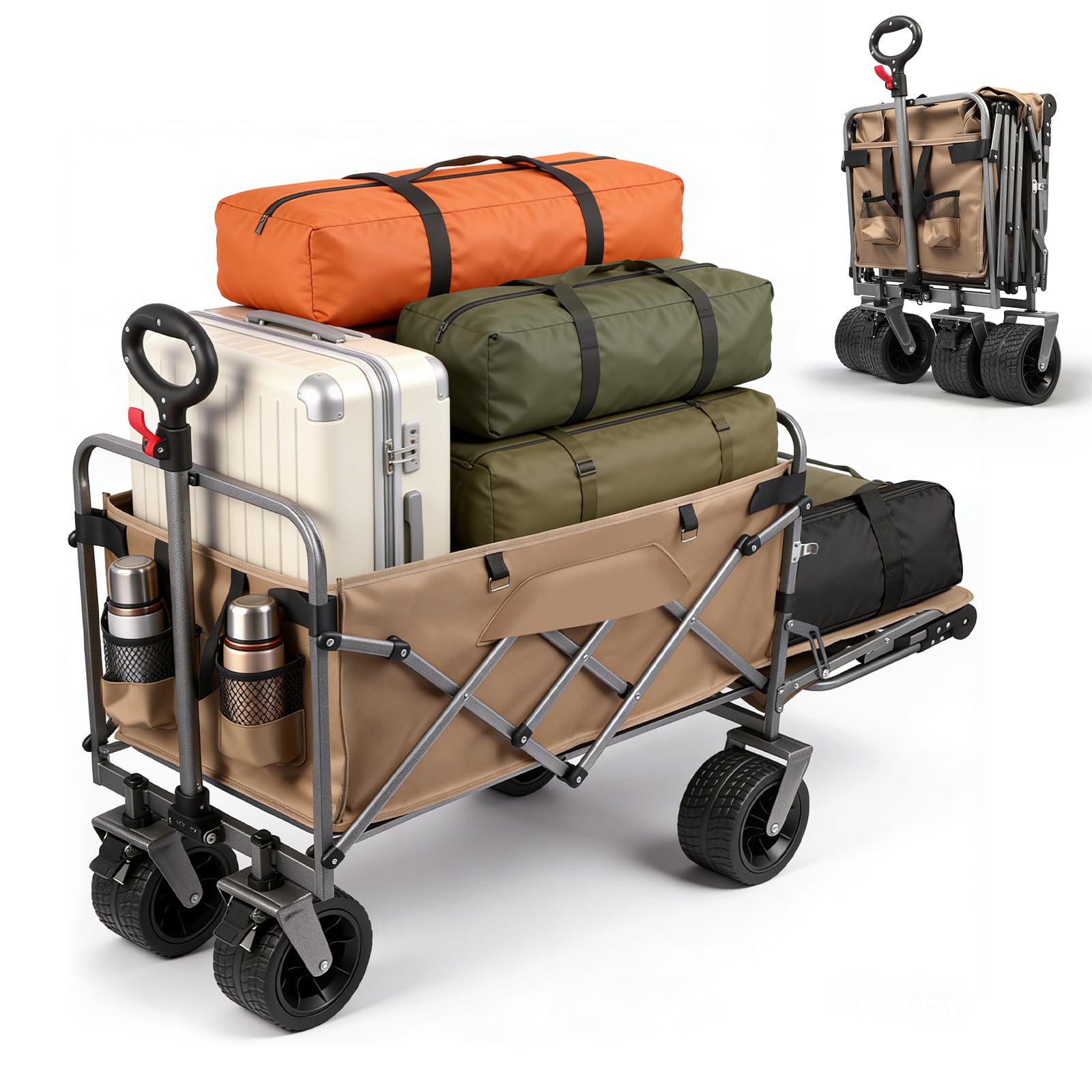 Carro Plegable de Transporte para Festivales con Ruedas Grandes, Capacidad de 200kg, Carro de 300L, Resistente Carrito de Camping con Mango Ajustable para Playa, Pesca, Jardín, Compras