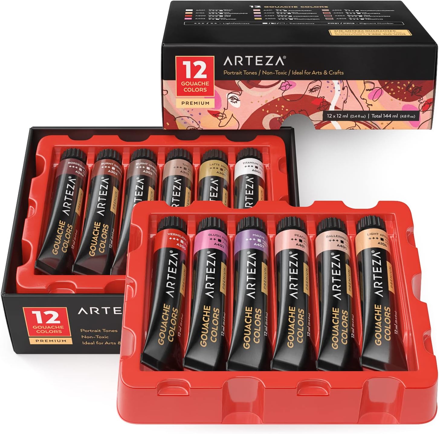 ARTEZA Gouache Paint, 12 Colors, Skin Tones, 0.4 US fl oz Tubes, Opaque Water-Based Paint for Canvas and Paper, Art Supplies for Professionals, Students