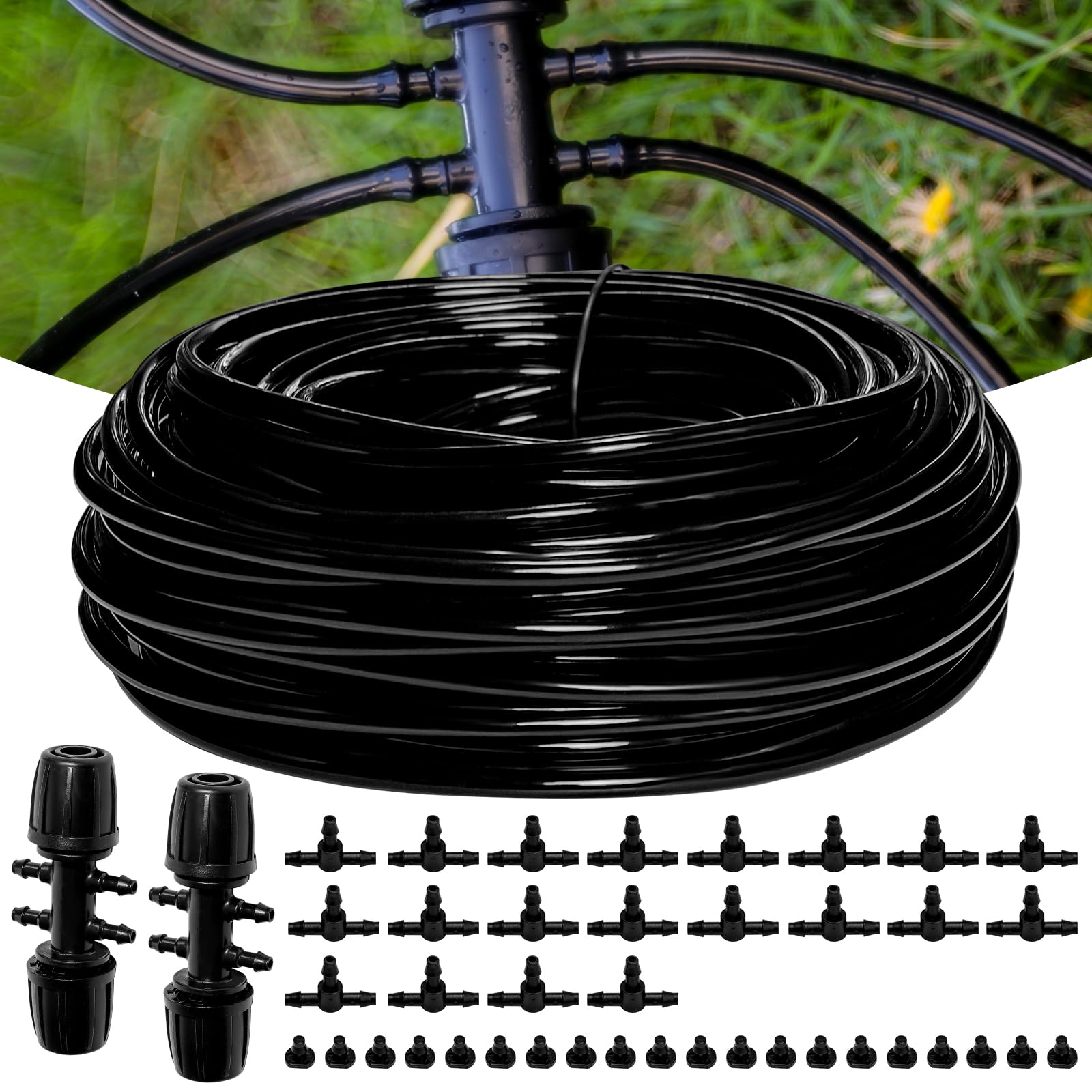 100FT 1/4 Inch Drip Irrigation kit Tubing Distribution Hose Tube for Garden Drip Irrigation System (Includes 2 Pack 6-Way Connector and 20pcs 1/4" Tee