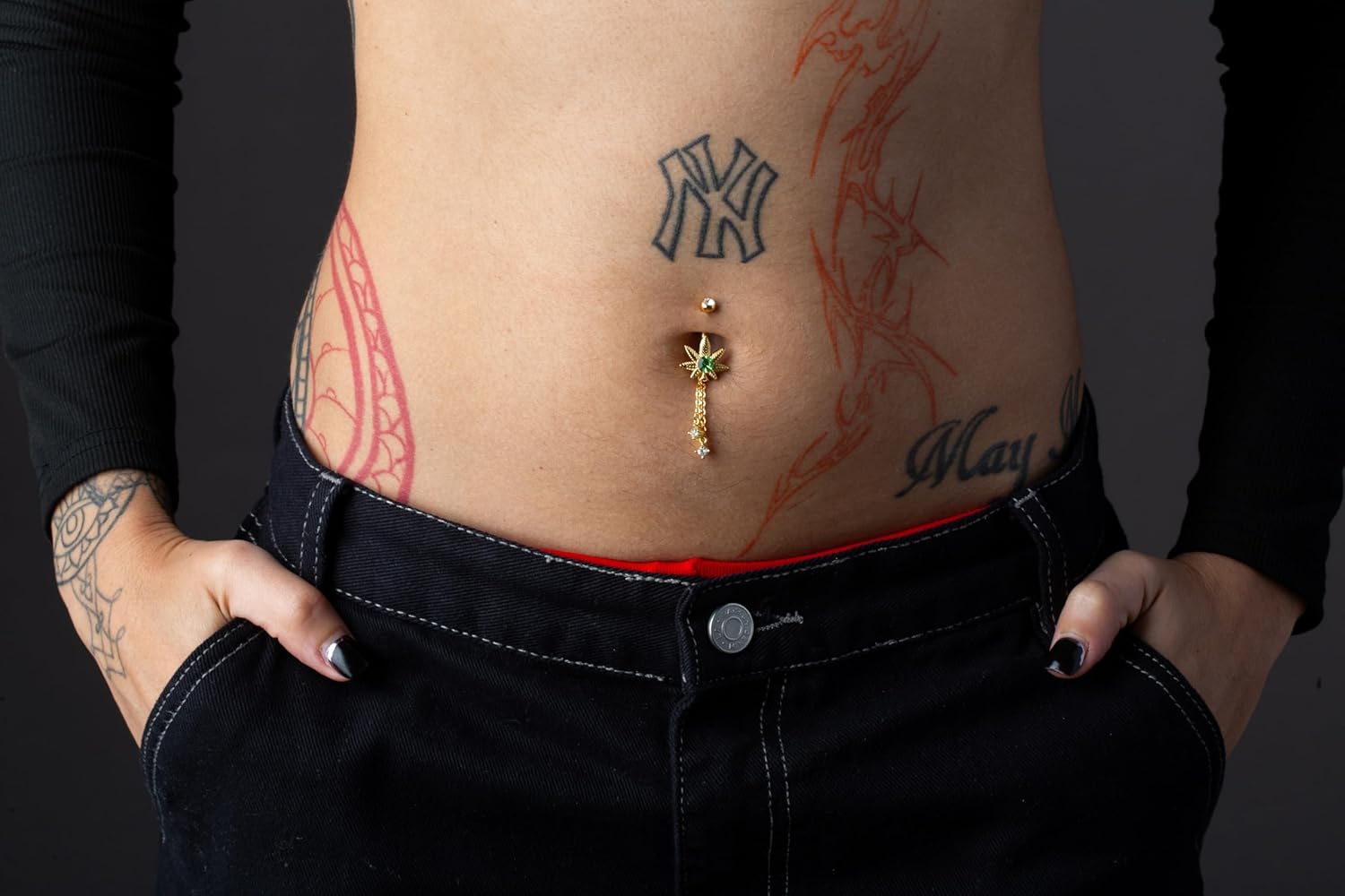 Pierced Owl 14GA Gold Plated Stainless Steel Light Green CZ Crystal Pot Leaf with Dangling Chains Belly Button Ring - Image 2