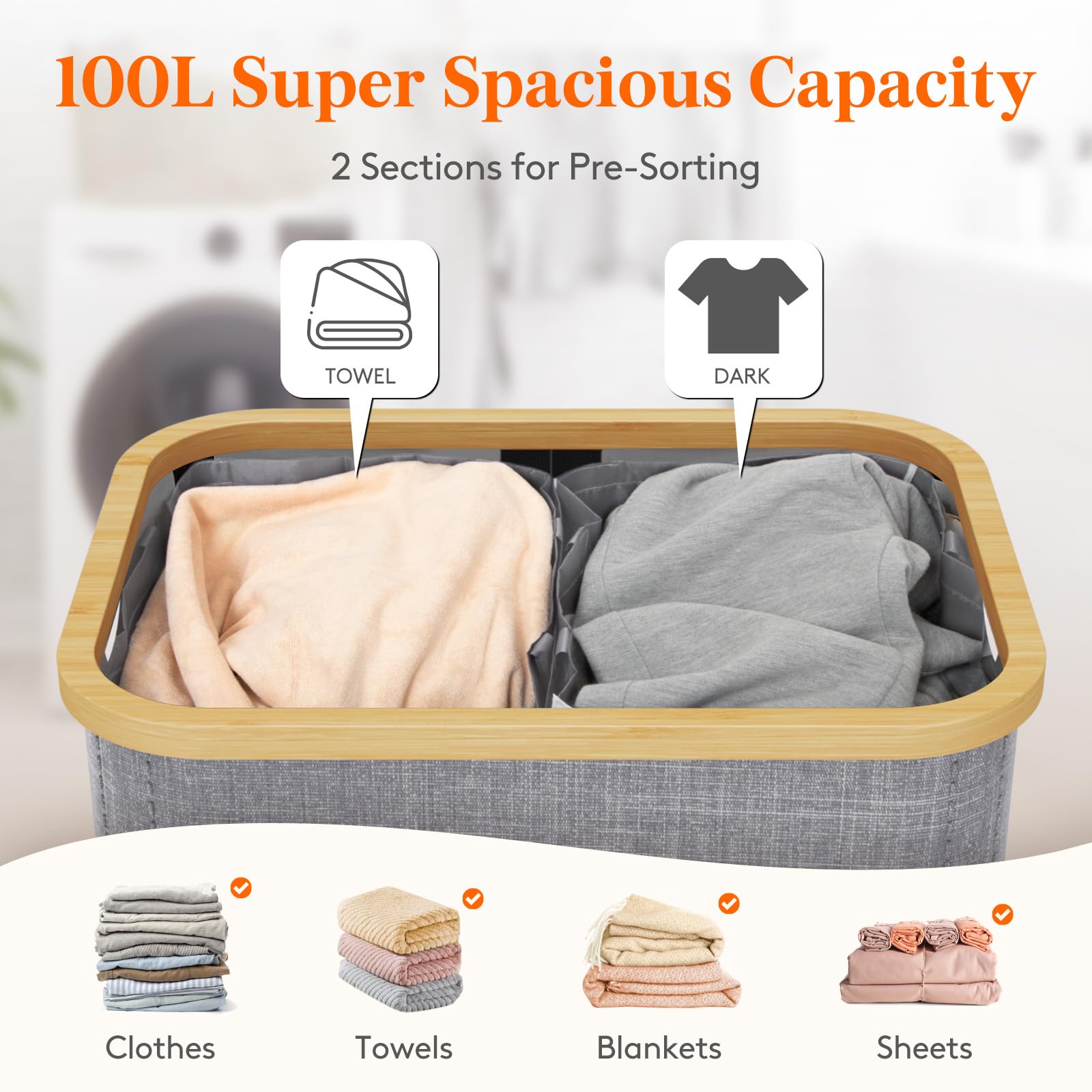 Lifewit 100L Laundry Basket with Lid 2 Compartments, Large Washing Basket with Removable Laundry Bags and Bamboo Handles - Image 2