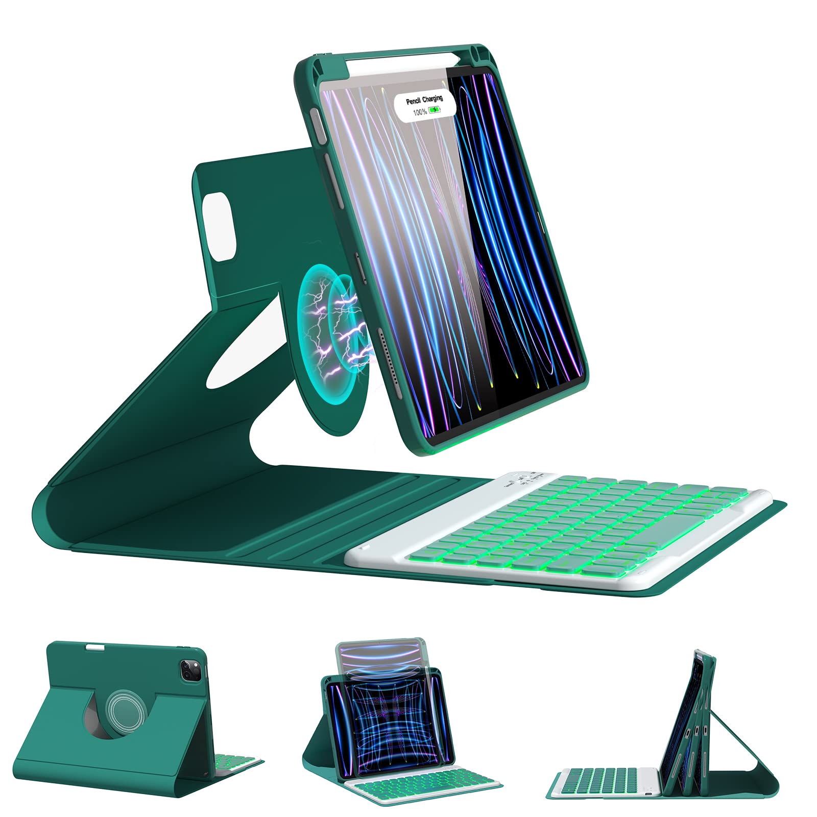 Keyboard Case for iPad 10.9 inch Air 5th 2022 4th 2020, iPad Pro 11 inch 2022 2021 2020 2018 Release, BOBOLEE Wireless Detachable BT Backlit 7 Colors Keyboard, 360 Rotatable Slim Cover with Pen Holder