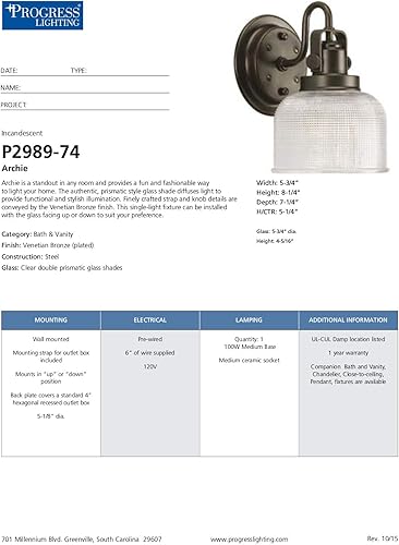 Miniatura 15 de ARCHIE luz simple para tocador, P2989-74, 100.00watts, 120.00 volts