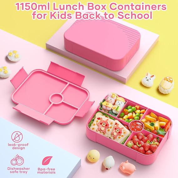 LEIKEEGO Children's Lunch Box with Compartments Leak-Proof Lunch Box Children for Girls and Boys Lunch Box Children for Nursery and School (Pink)