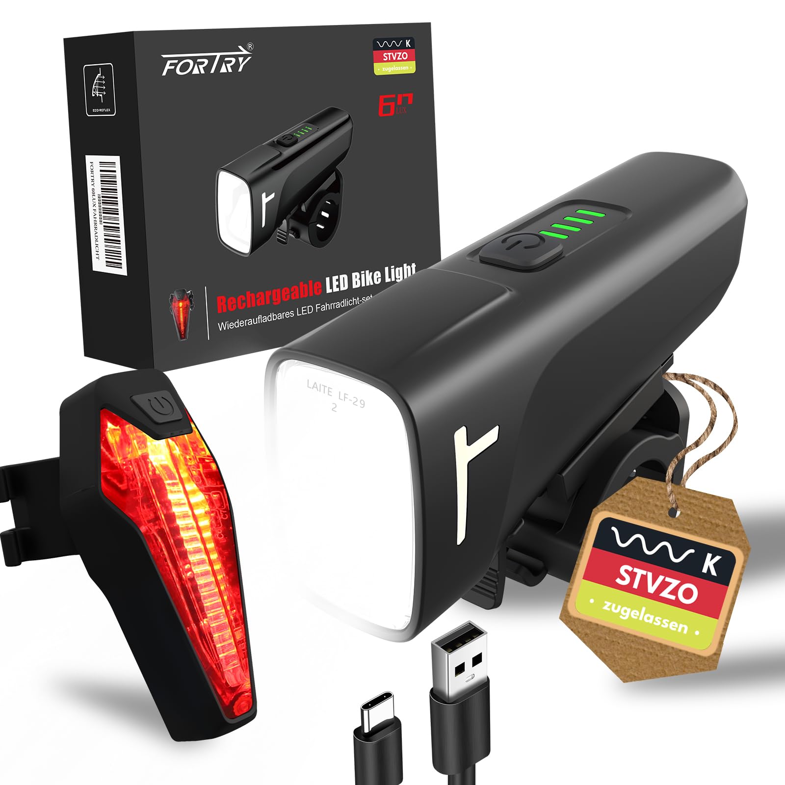 FORTRY Fahrradlicht Set,StVZO Zertifizierte Fahrradbeleuchtung,USB Typ C Aufladung Fahrrad Lichter Led Set,IPX5 Wasserdichter Fahrradlicht Vorne+Rücklicht