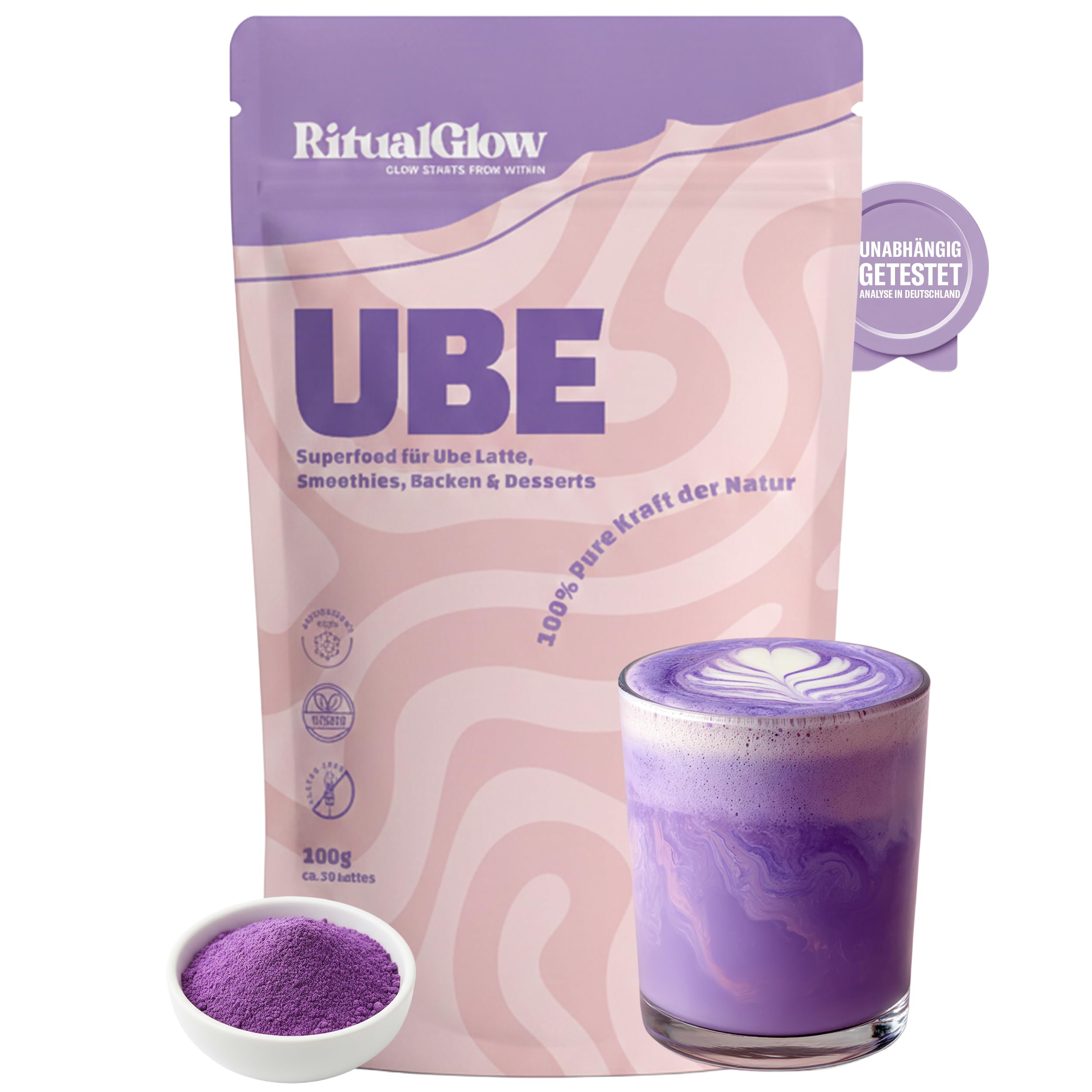 Ube Pulver 100% lila Yamswurzel - koffeinfreie Latte Alternative zu Matcha - für Ube Latte, Smoothies & Backen - natürlich süß & cremig - Laborgeprüft in Deutschland - 100g RitualGlow