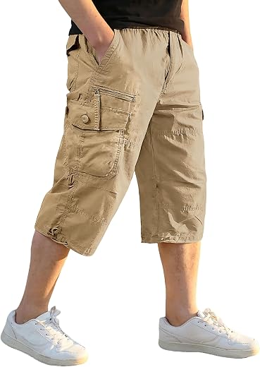 EKLENTSON Men's Casual Twill Elastic Cargo Shorts Below Knee Loose Fit Multi-Pocket Capri Long Shorts