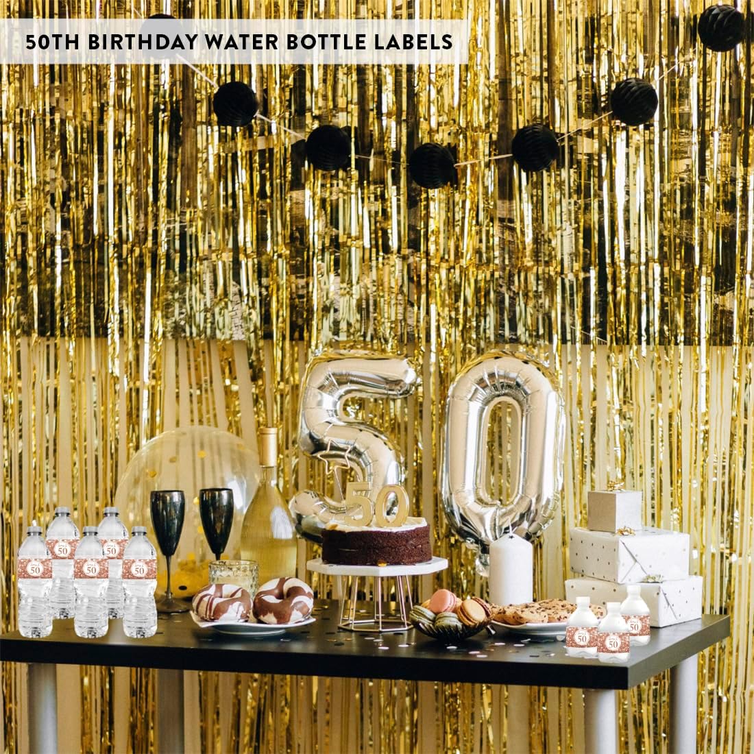 Andaz Press Glitzy Faux Glitter Rose Gold Water Bottle Labels Stickers, Cheers To 50 Years Stickers 50th Birthday Stickers Anniversary 50th Birthday Decorations For Women Birthday Party Favors 20-Pack